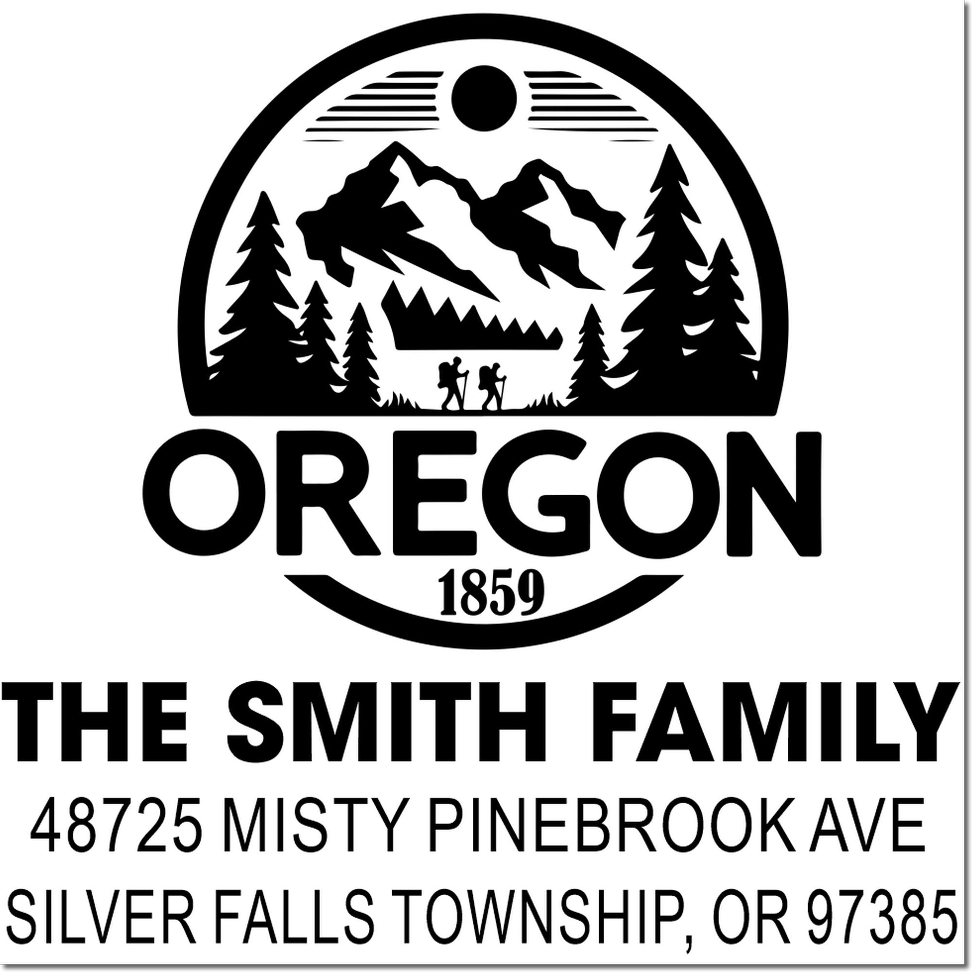 Custom Oregon family return address rubber stamp with mountain logo, The Smith Family, Silver Falls Township, OR 97385