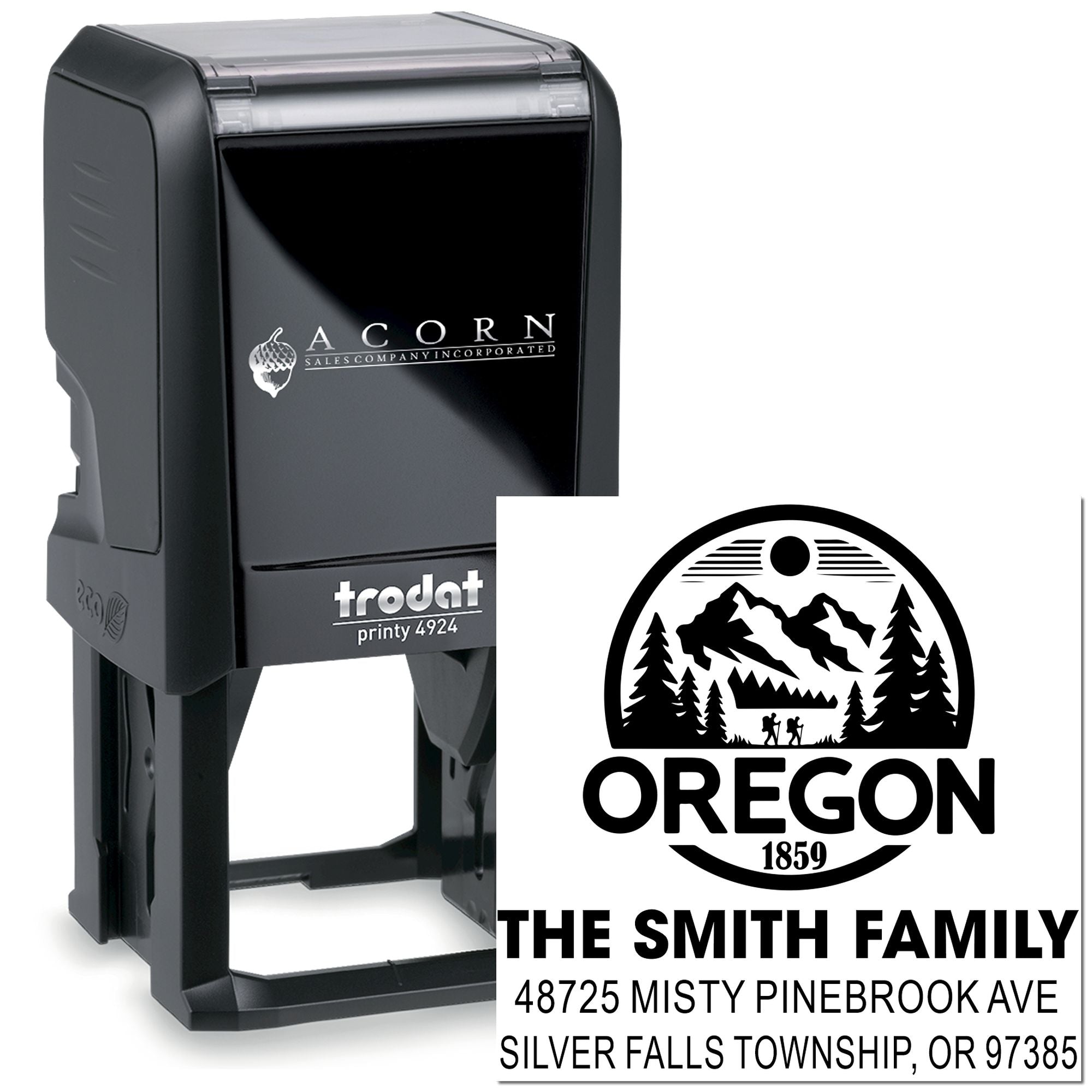 Custom Oregon self-inking rubber address stamp for The Smith Family, Trodat Printy 4924 with mountain logo and mailing address.