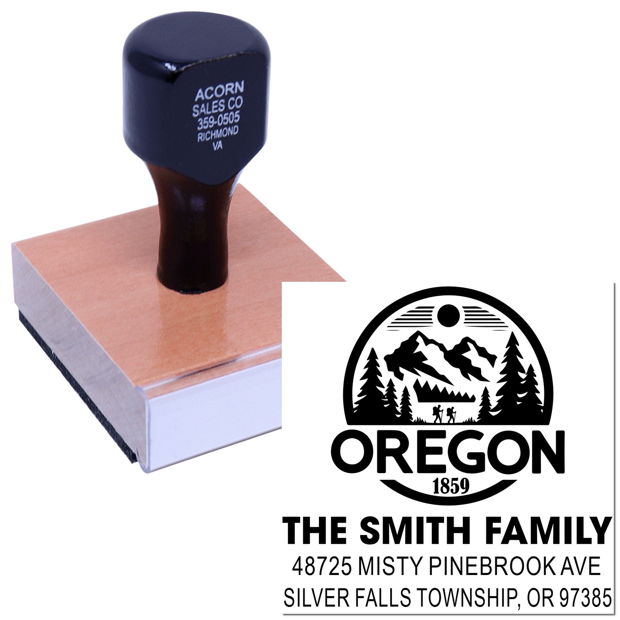Custom rubber address stamp with Oregon family logo and return mailing address for personalized correspondence.
