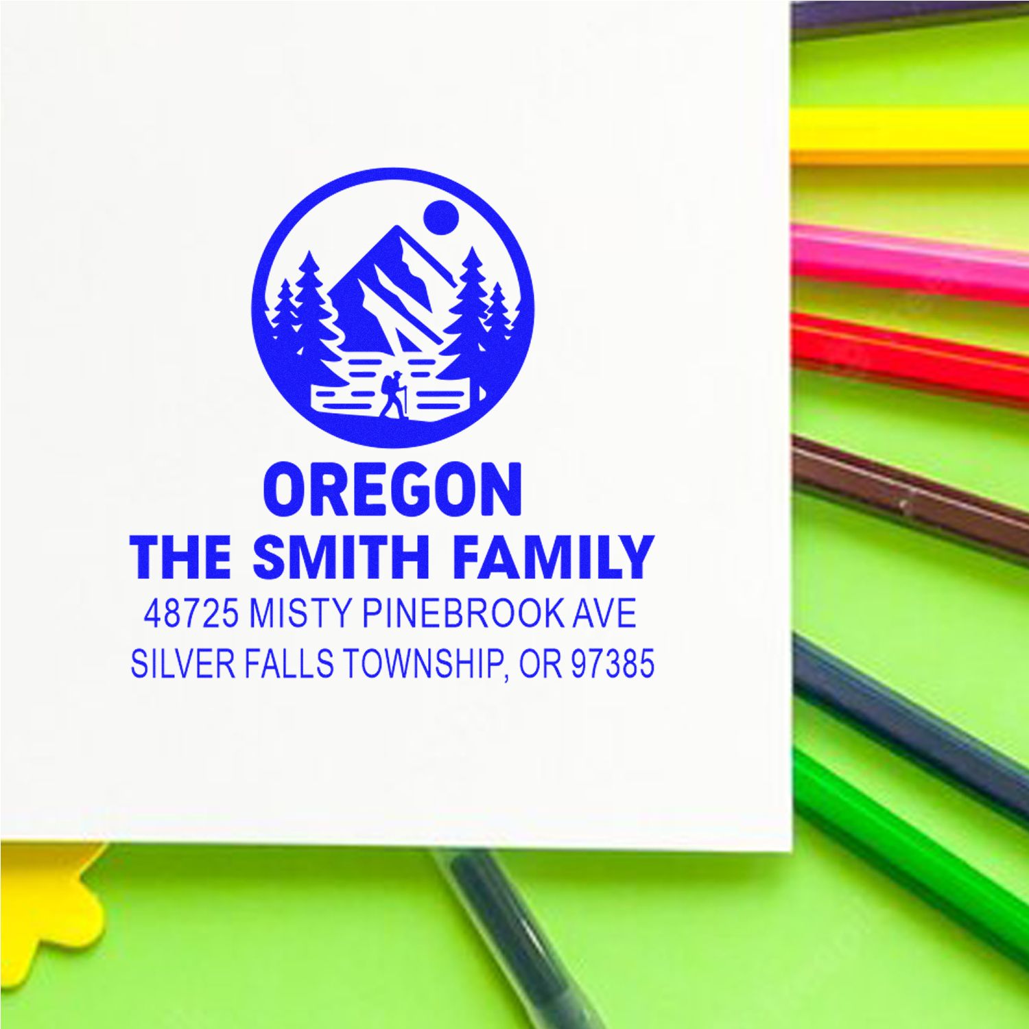 Personalized Oregon family address rubber stamp with mountain logo for The Smith Family, Silver Falls Township, OR 97385