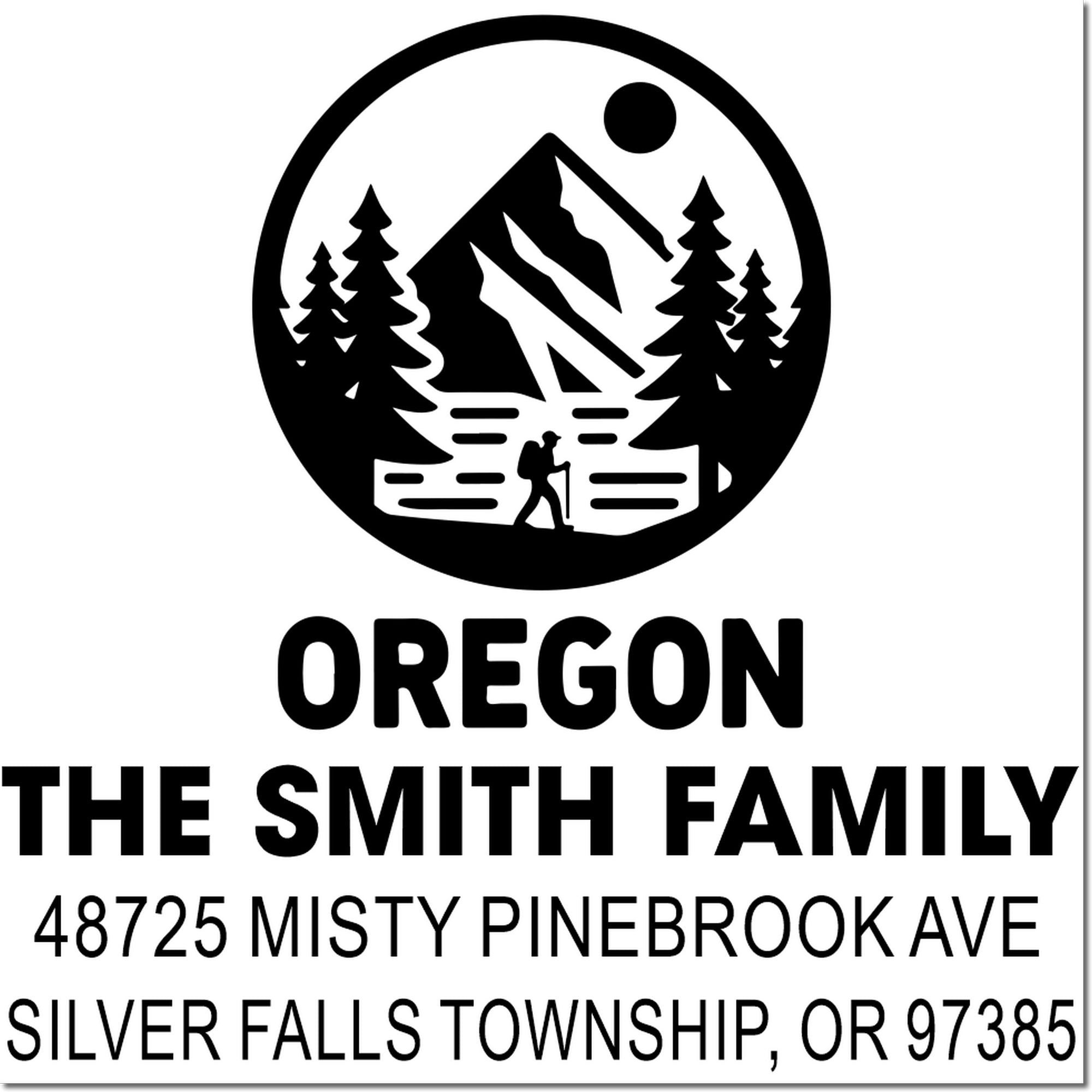 Custom Oregon return address rubber stamp for The Smith Family, 48725 Misty Pinebrook Ave, Silver Falls Township, OR 97385.