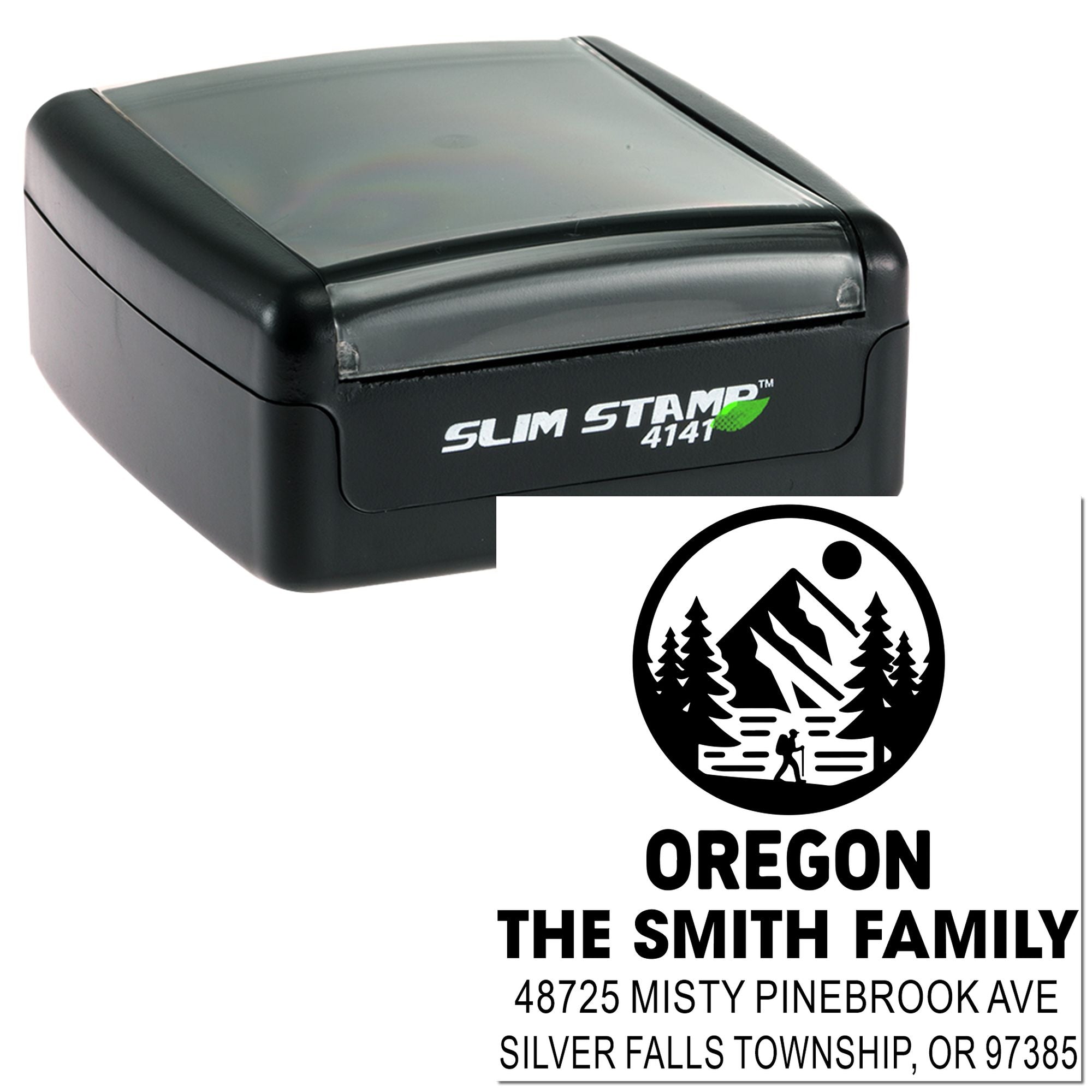 Custom self-inking rubber stamp with Oregon family address, mountain logo, and return mailing design for The Smith Family