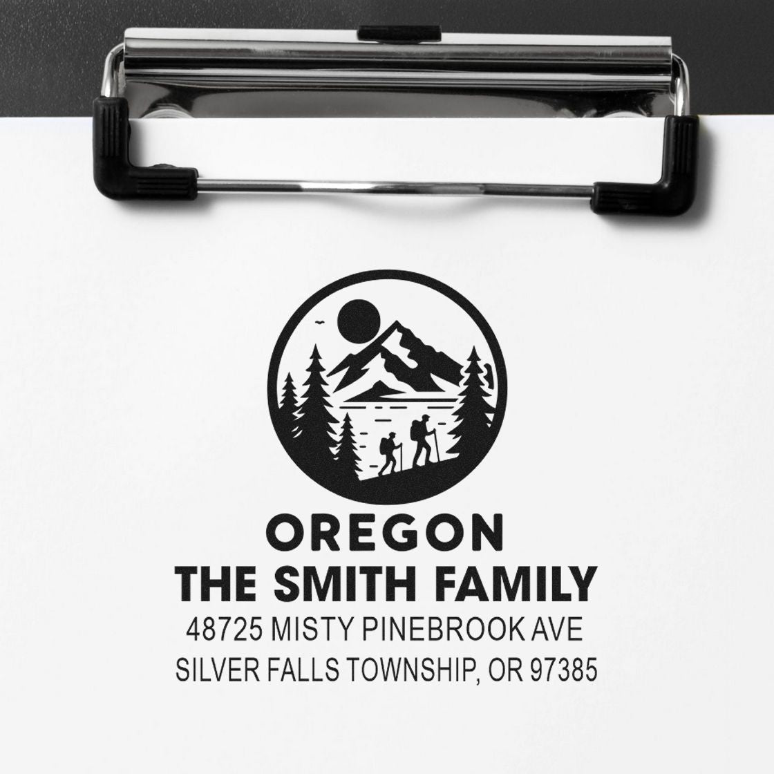 Custom Oregon return address rubber stamp with mountain hiking logo and The Smith Family address.