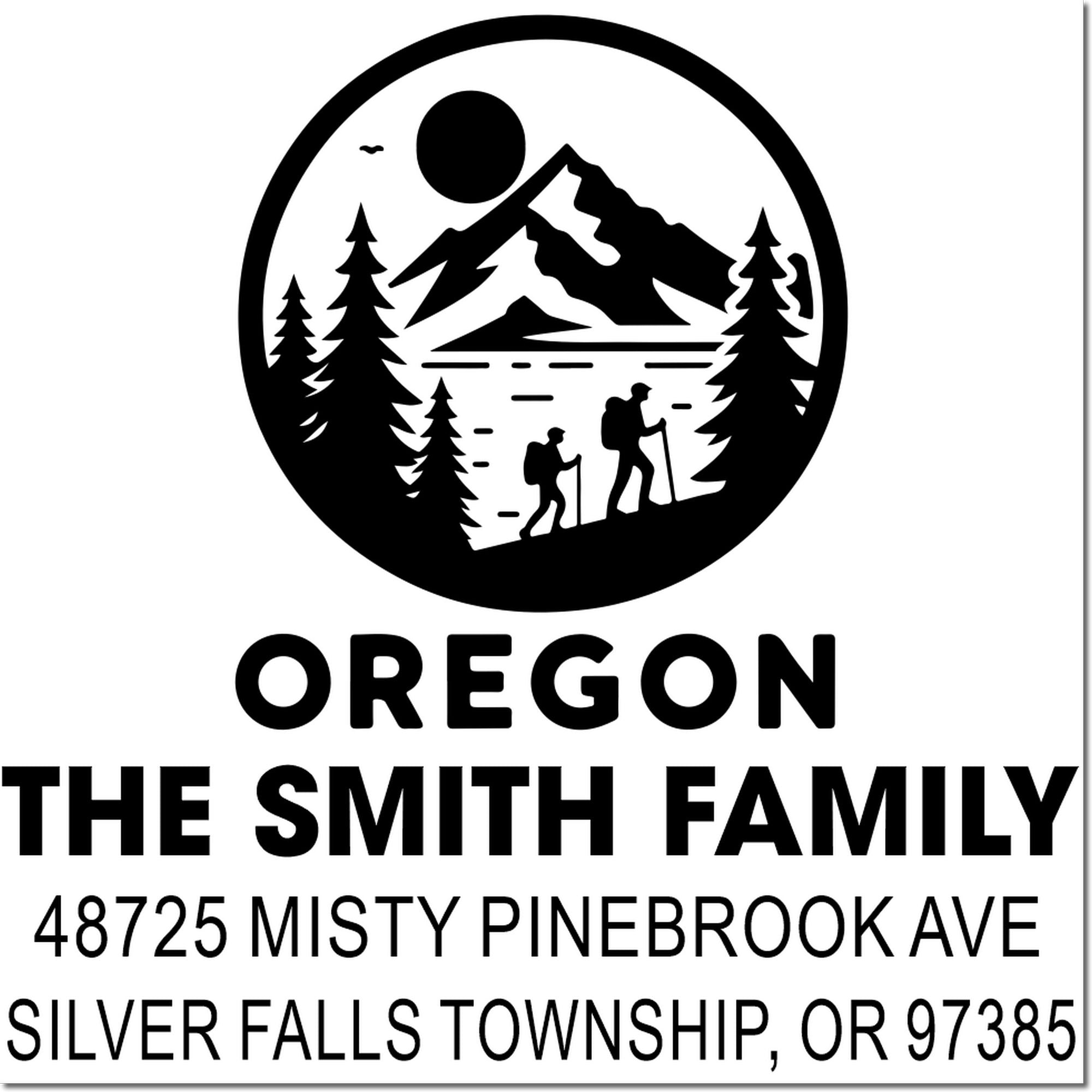 Custom Oregon family address rubber stamp with mountain hiking logo and return address for Silver Falls Township.