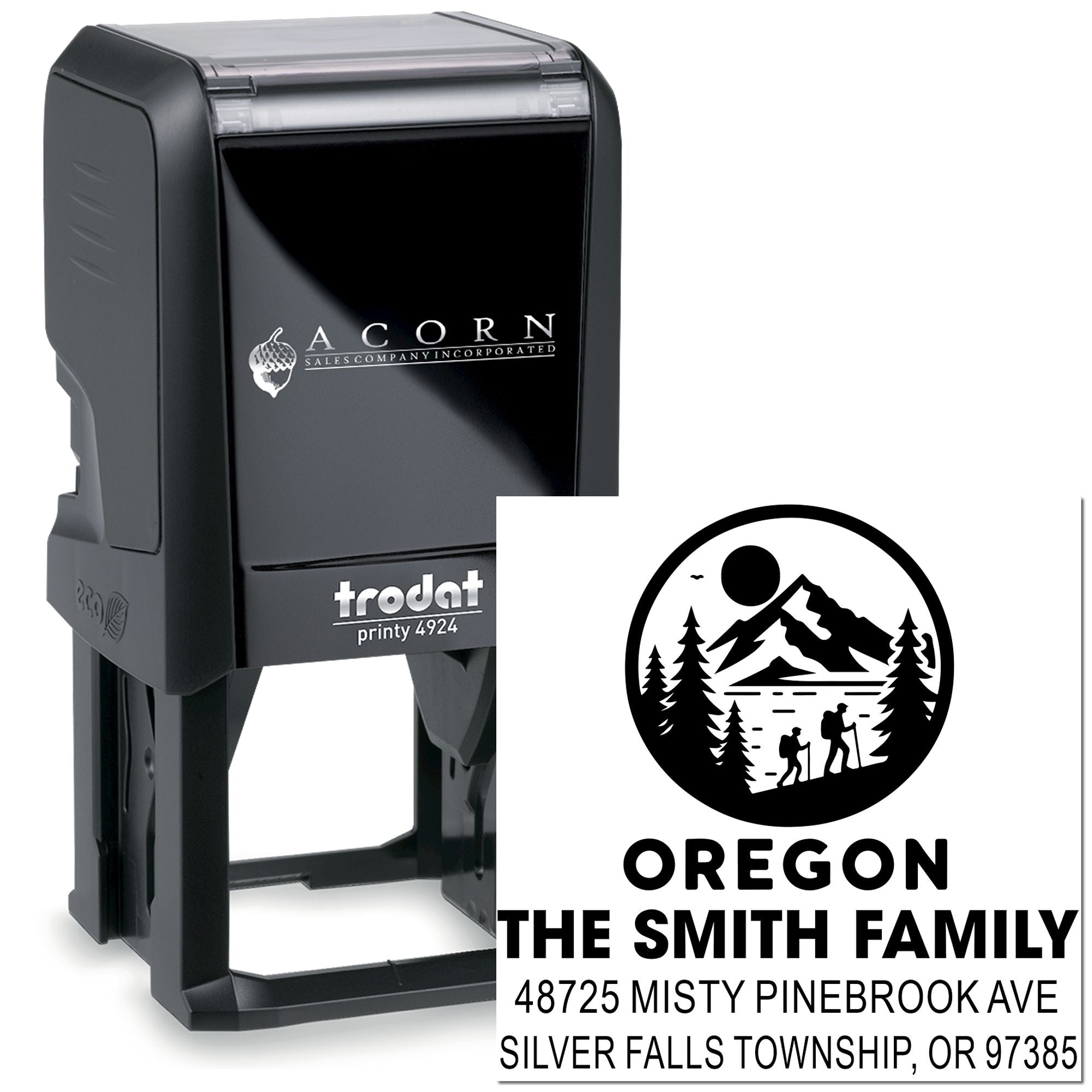 Custom self-inking rubber stamp with Oregon family return address, mountain logo, and Trodat Printy 4924 case.