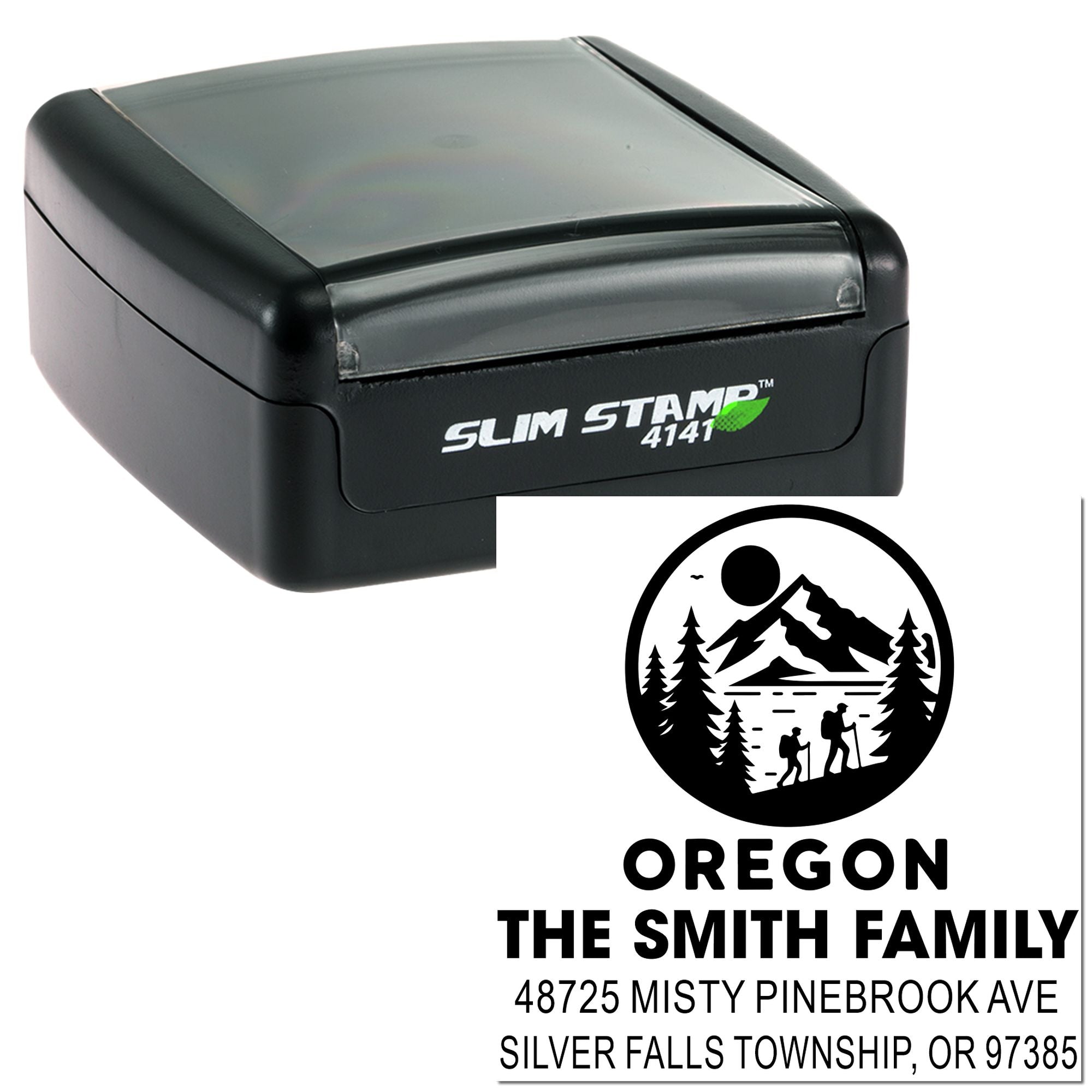 Slim Stamp 4141 custom Oregon family address rubber stamp with mountain logo, name, and return address imprint.
