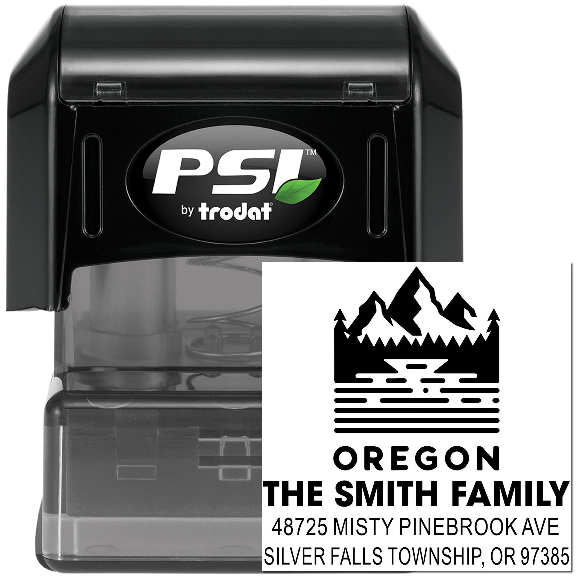 Custom Oregon return address self-inking rubber stamp by PSI Trodat, featuring The Smith Family and mountain logo.