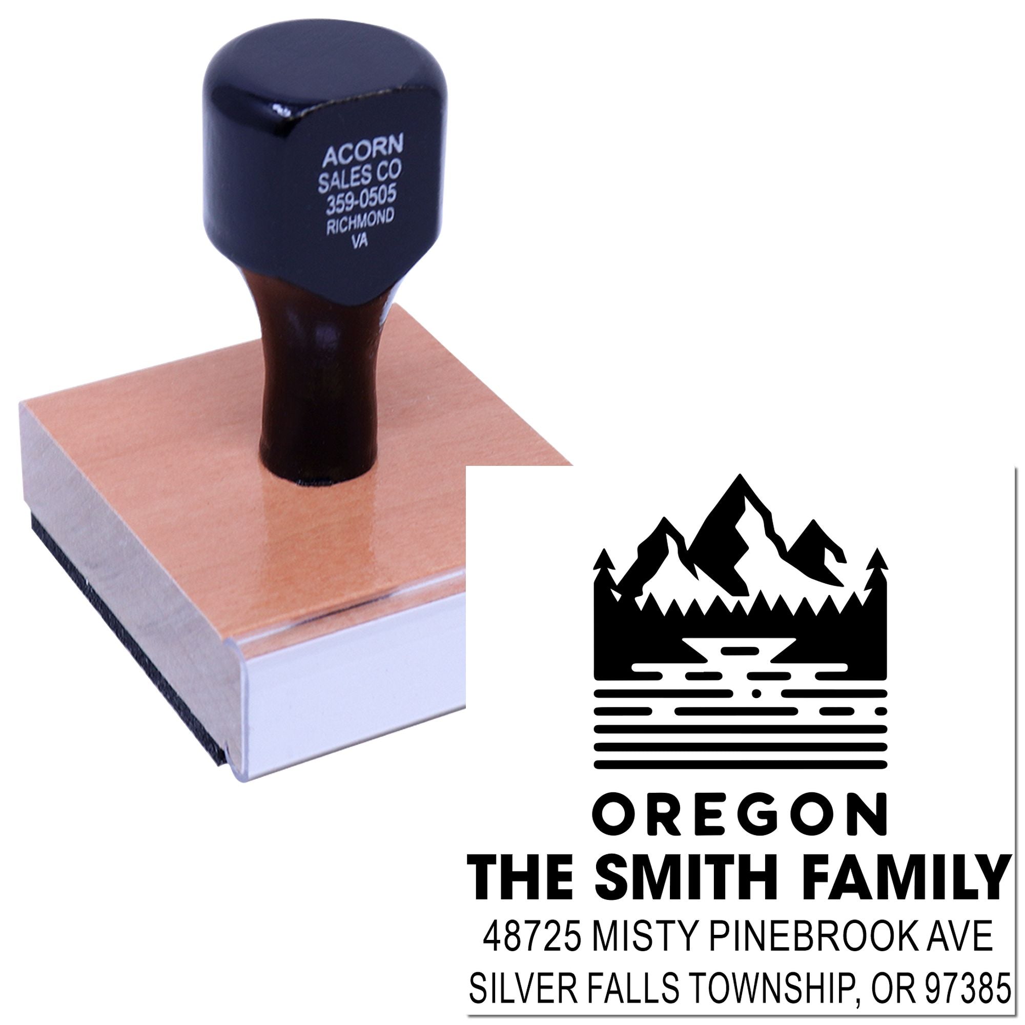 Custom Oregon family address rubber stamp with mountain logo, ideal for personalized return address and mailing labels.
