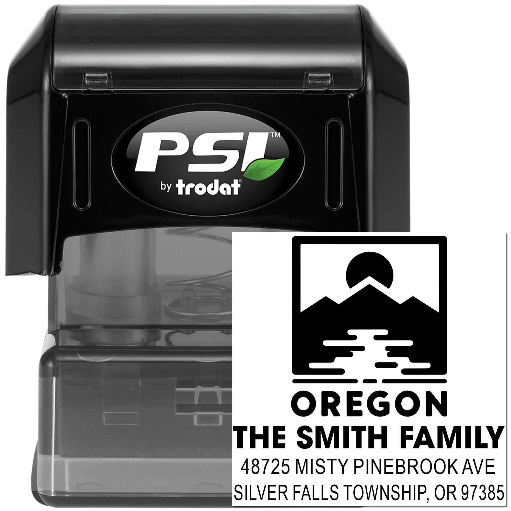 Custom self-inking rubber stamp with Oregon family return address by PSI Trodat for mailing envelopes