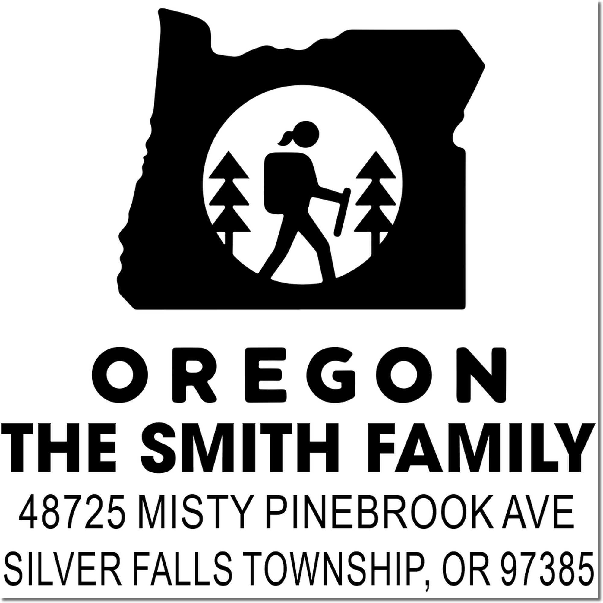 Custom Oregon return address rubber stamp for The Smith family, with hiking icon and Silver Falls, OR mailing address.