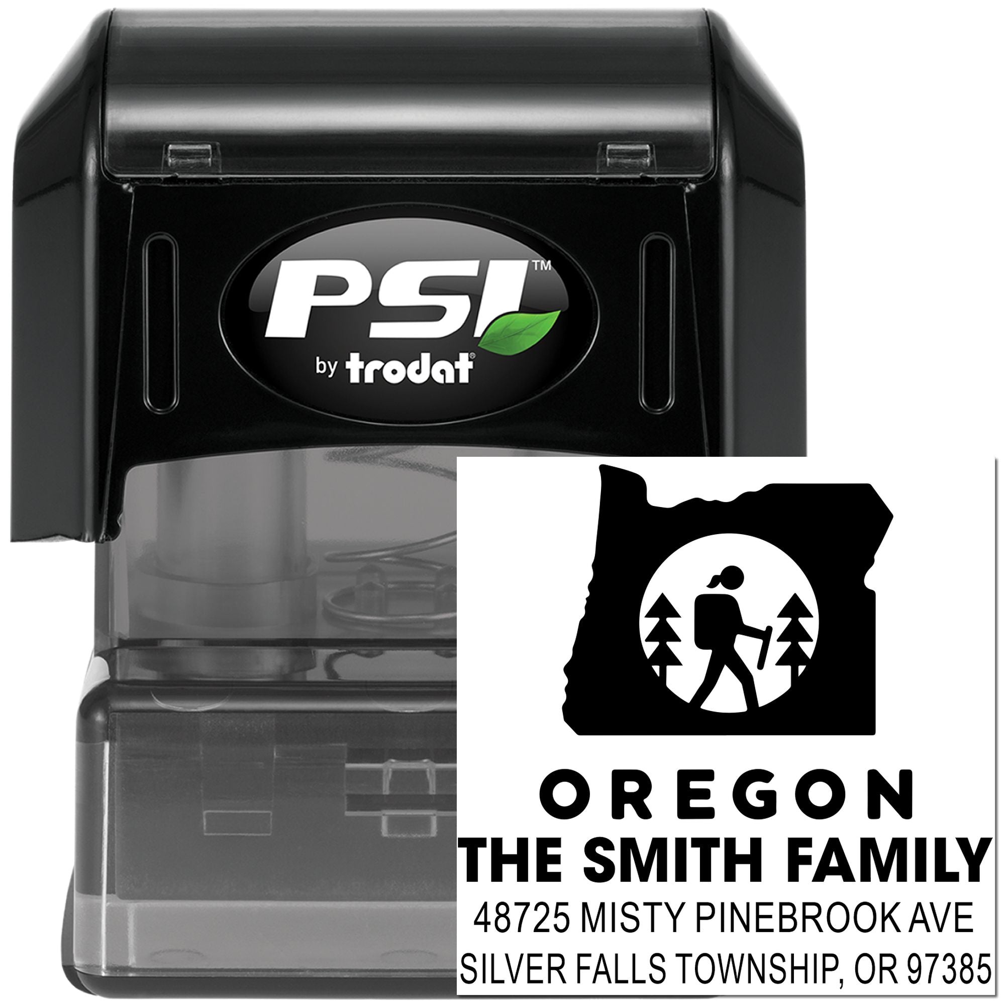 PSI by Trodat custom Oregon self-inking rubber address stamp with family name and mailing address.