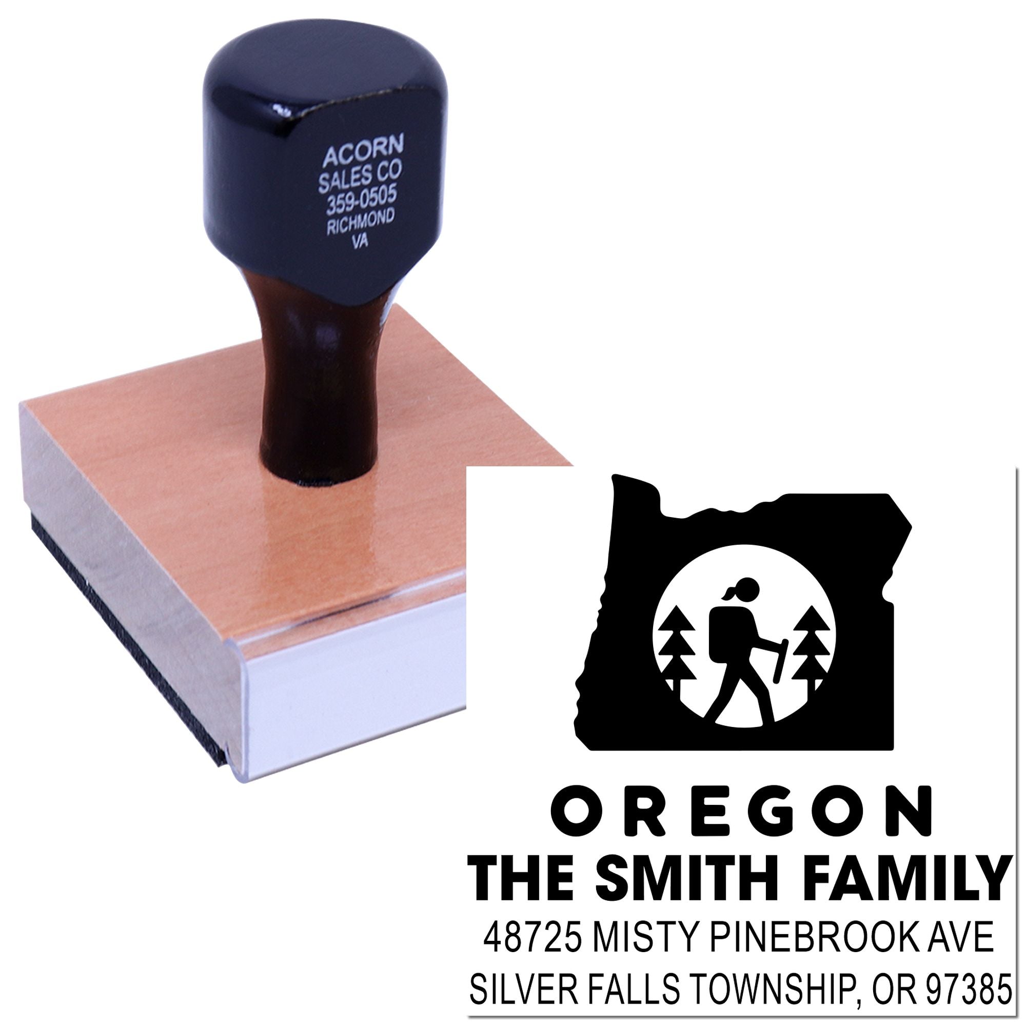 Custom Oregon return address rubber stamp with family hiking logo for personalized mail, envelopes, and stationery.