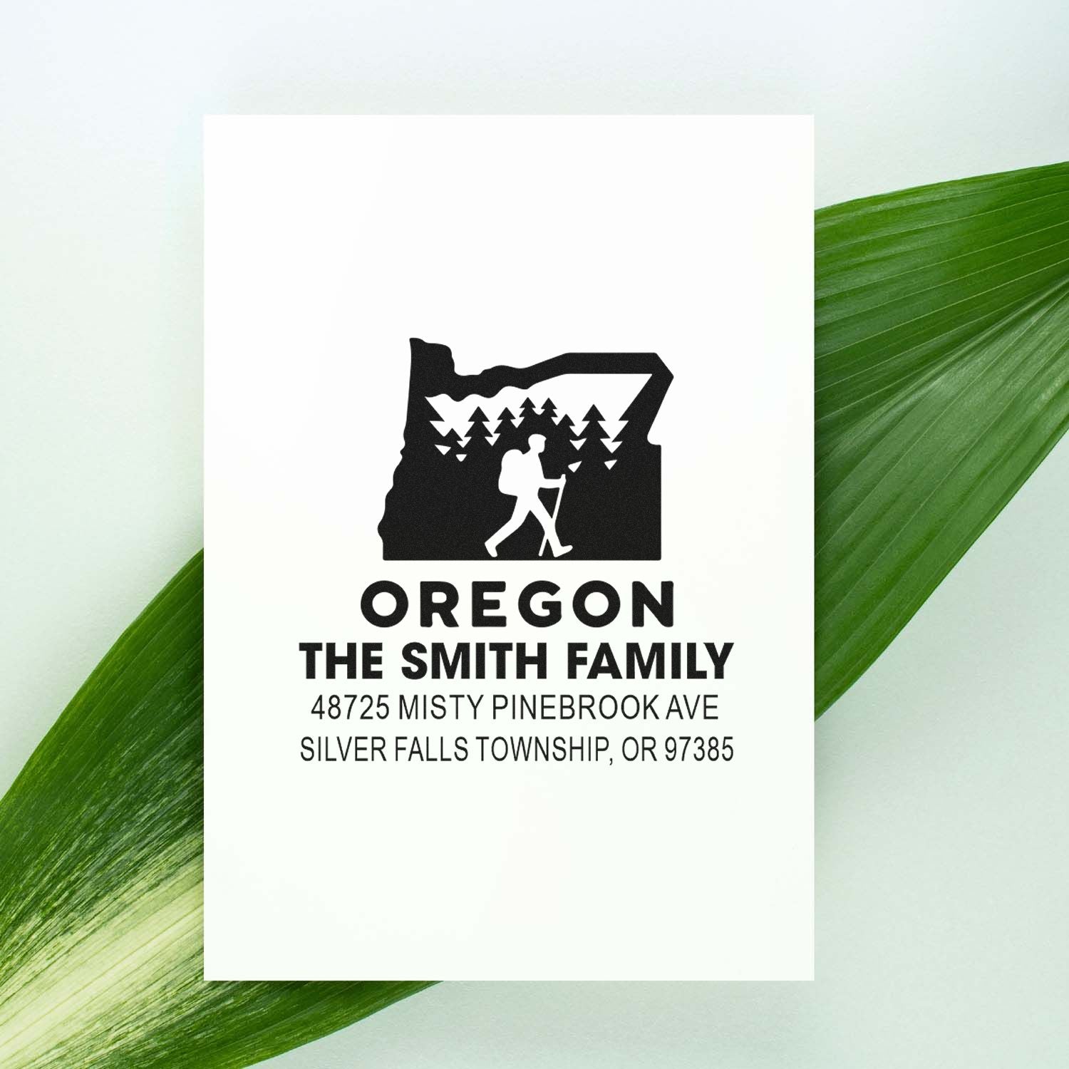 Custom Oregon family return address rubber stamp with hiking logo, personalized name, and address for mailing