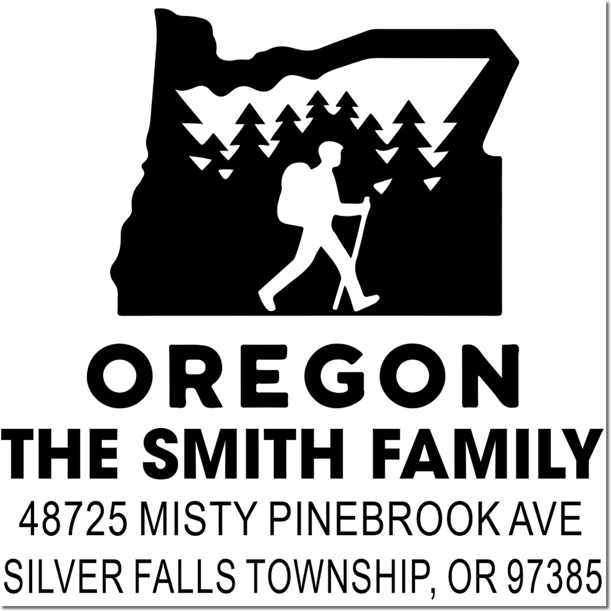 Custom Oregon return address rubber stamp for The Smith Family with hiker and pine tree design.