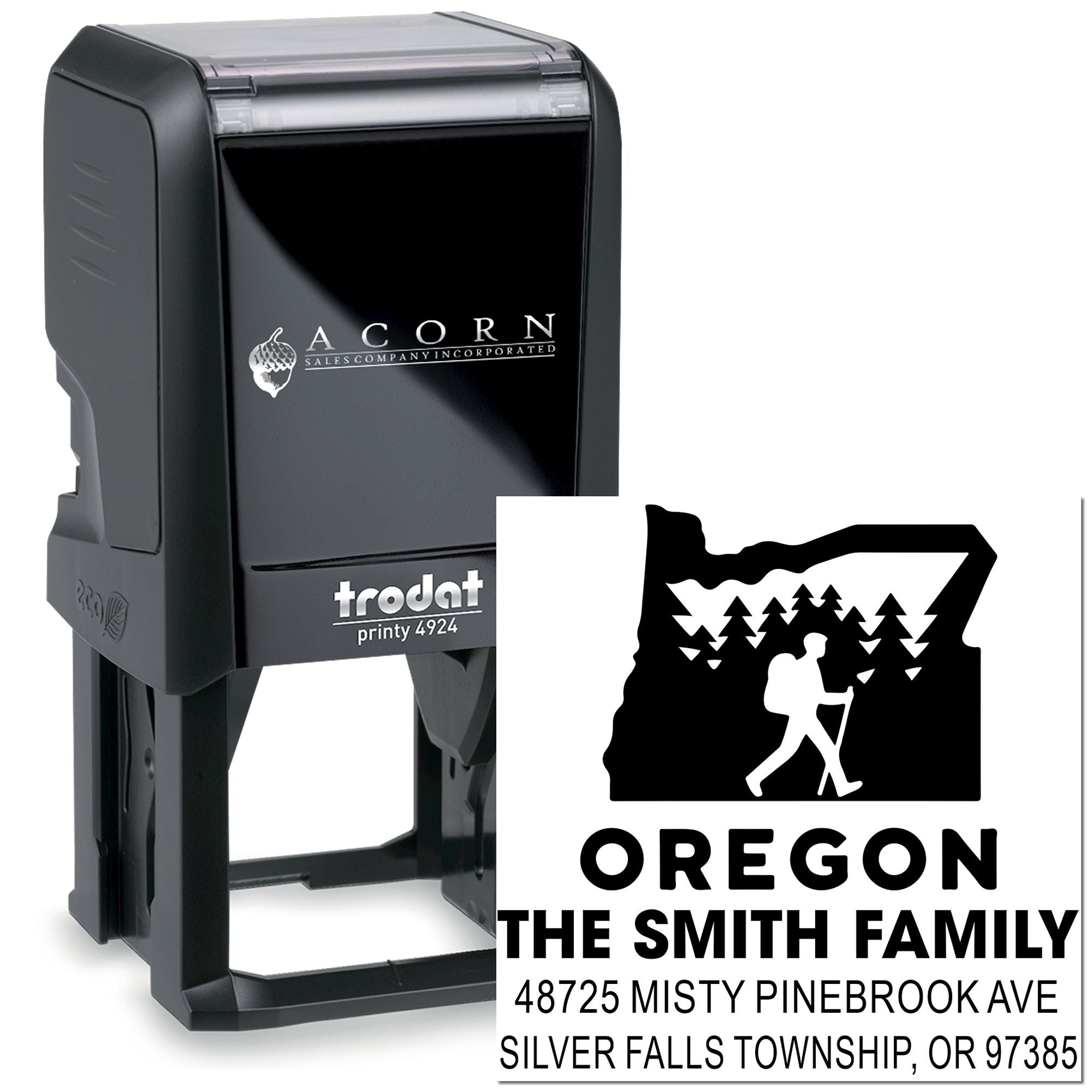 Custom Oregon self-inking address rubber stamp for The Smith Family, with hiking icon and full return address.