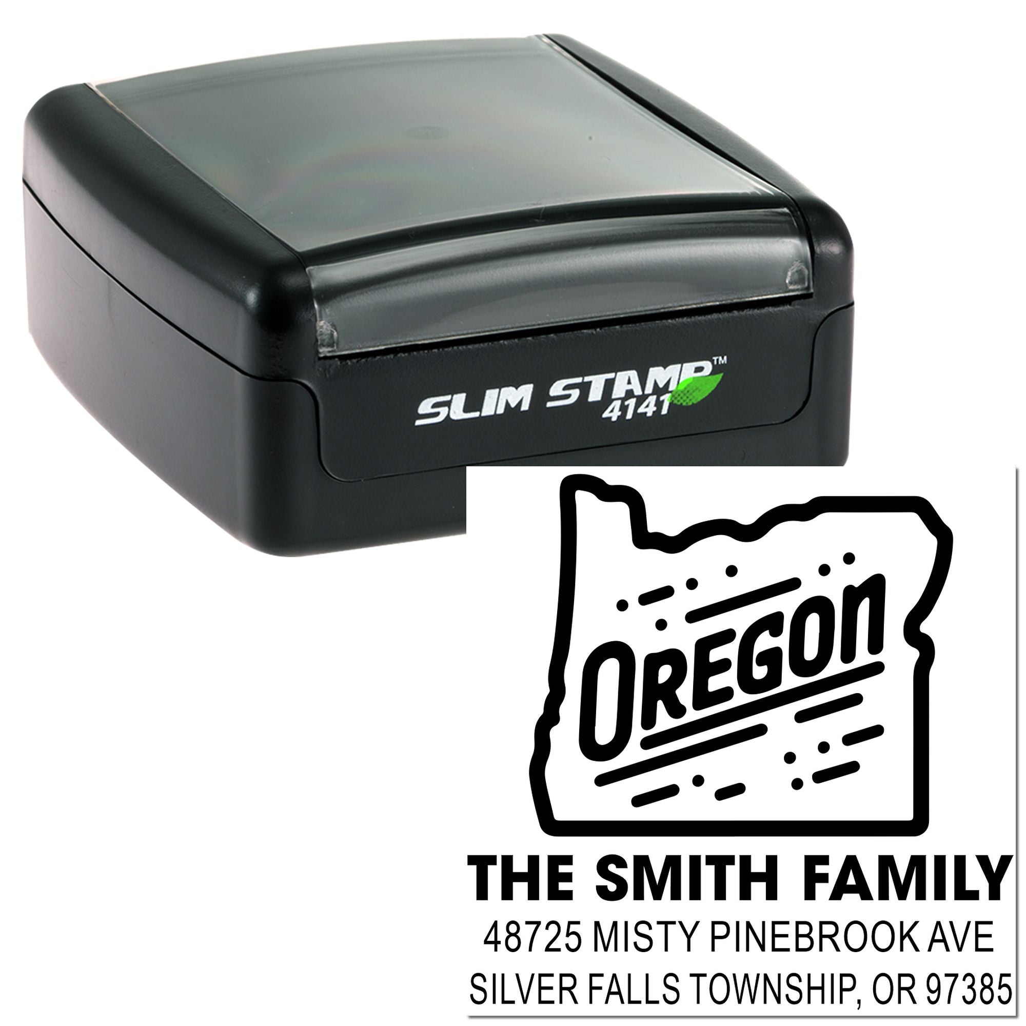 Self-inking custom Oregon return address rubber stamp for The Smith Family, Slim Stamp 4141