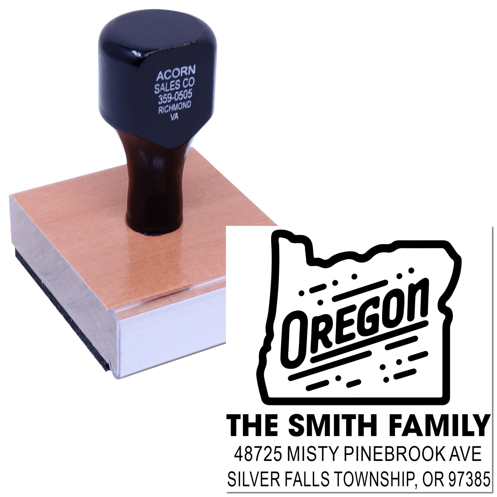 Custom Oregon return address rubber stamp with family name and address for The Smith Family.