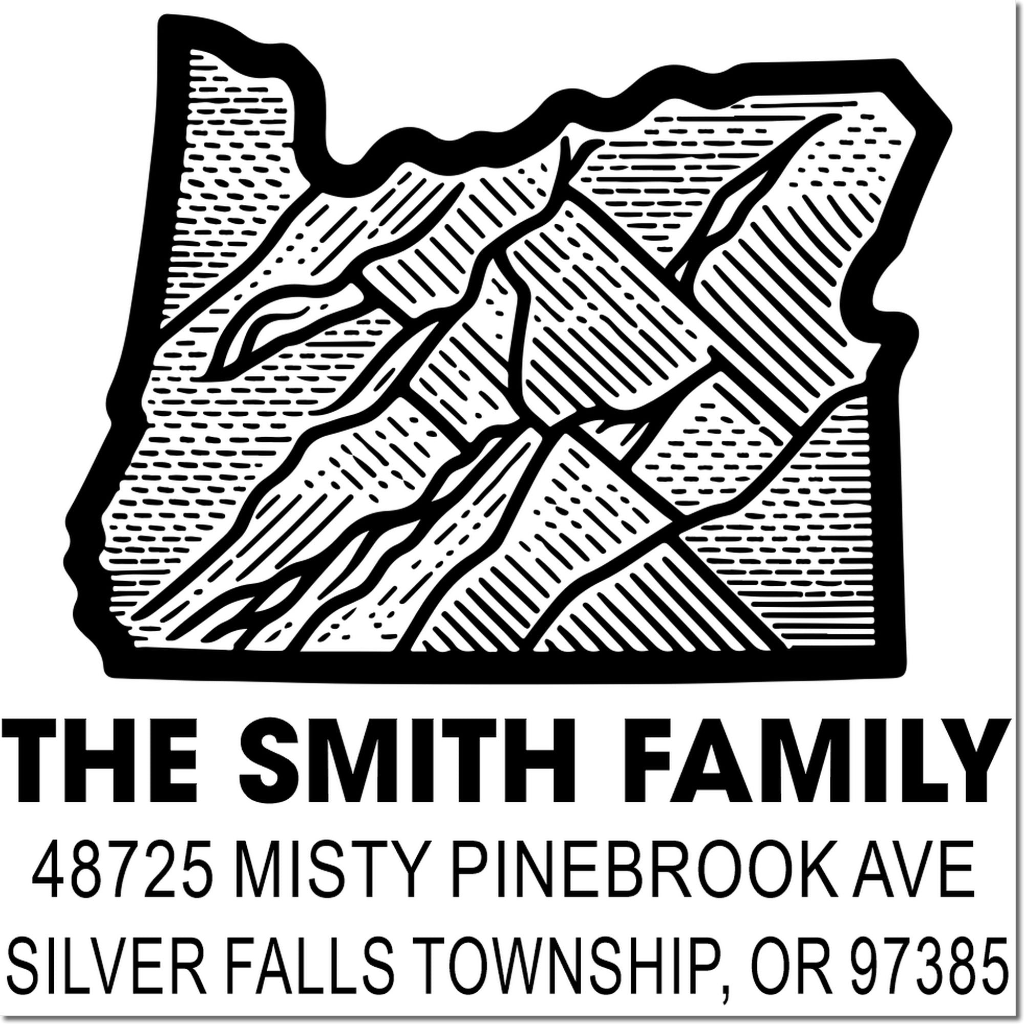 Custom Oregon return address rubber stamp for The Smith Family with mountain logo, Silver Falls Township, OR 97385