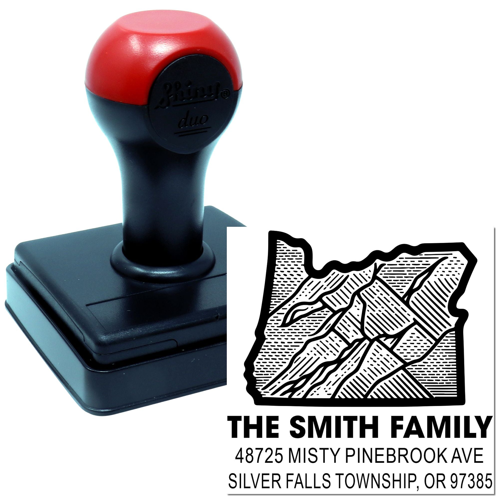 Custom self-inking return address rubber stamp for The Smith Family, Silver Falls Township, OR