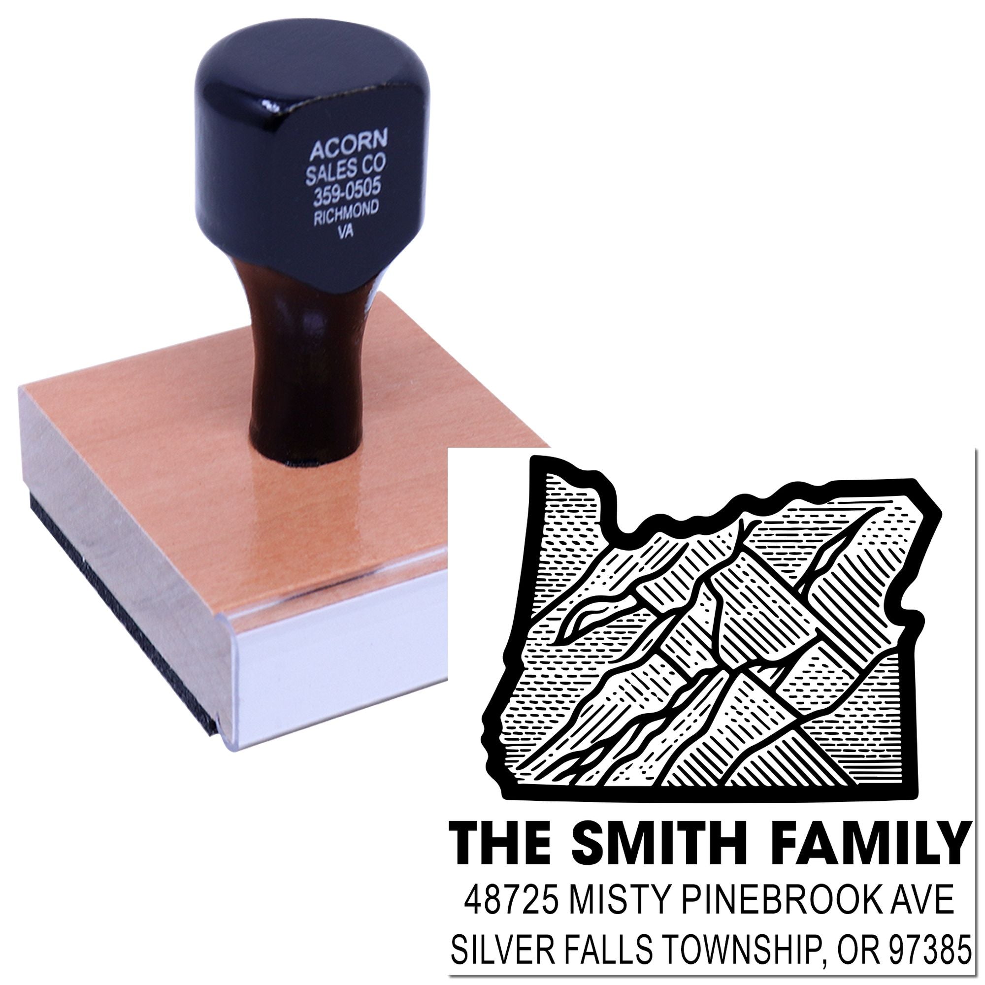 Custom address rubber stamp with mountain design for The Smith Family, ideal for personalized return addresses.