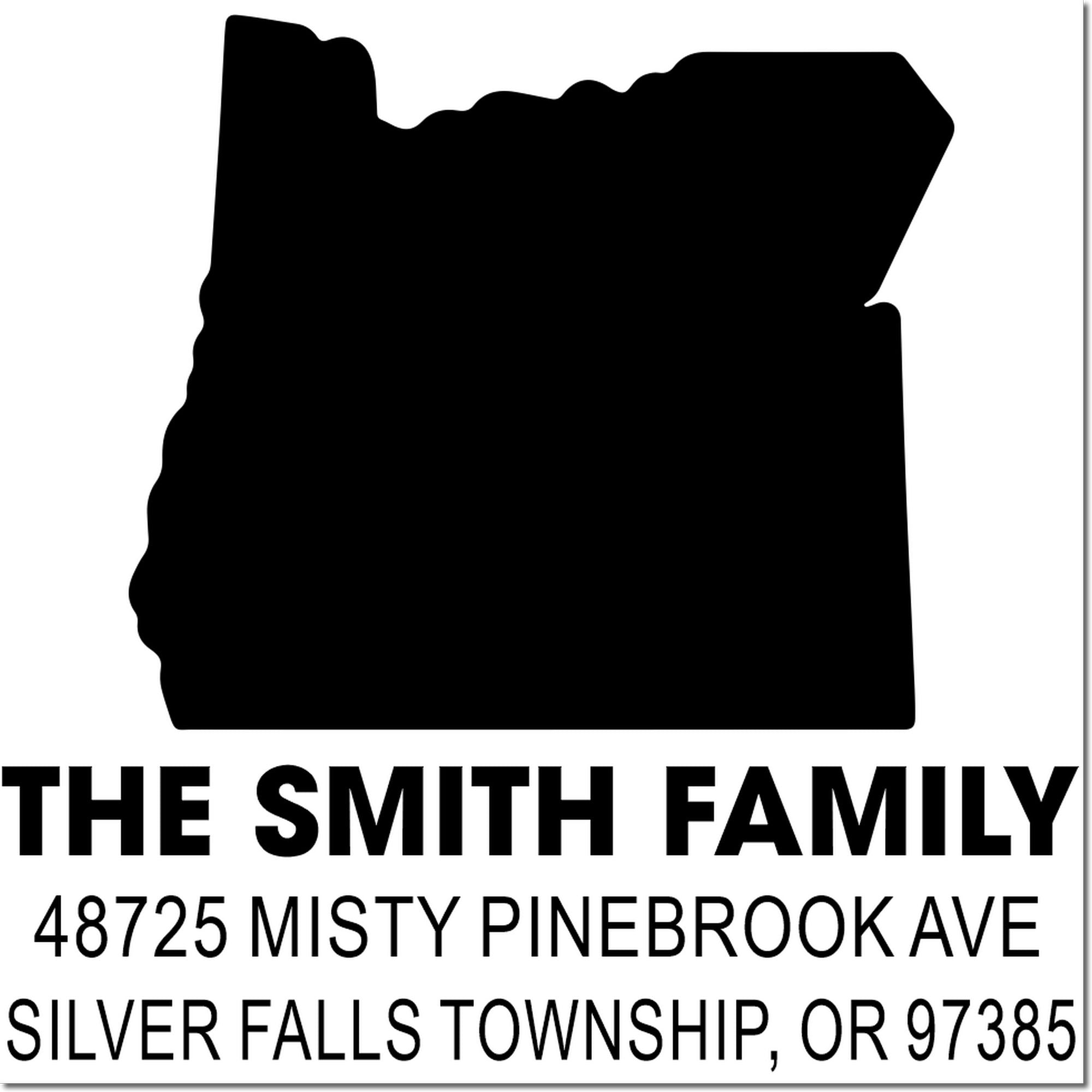 Custom Oregon return address rubber stamp for The Smith Family, 48725 Misty Pinebrook Ave, Silver Falls Township, OR 97385