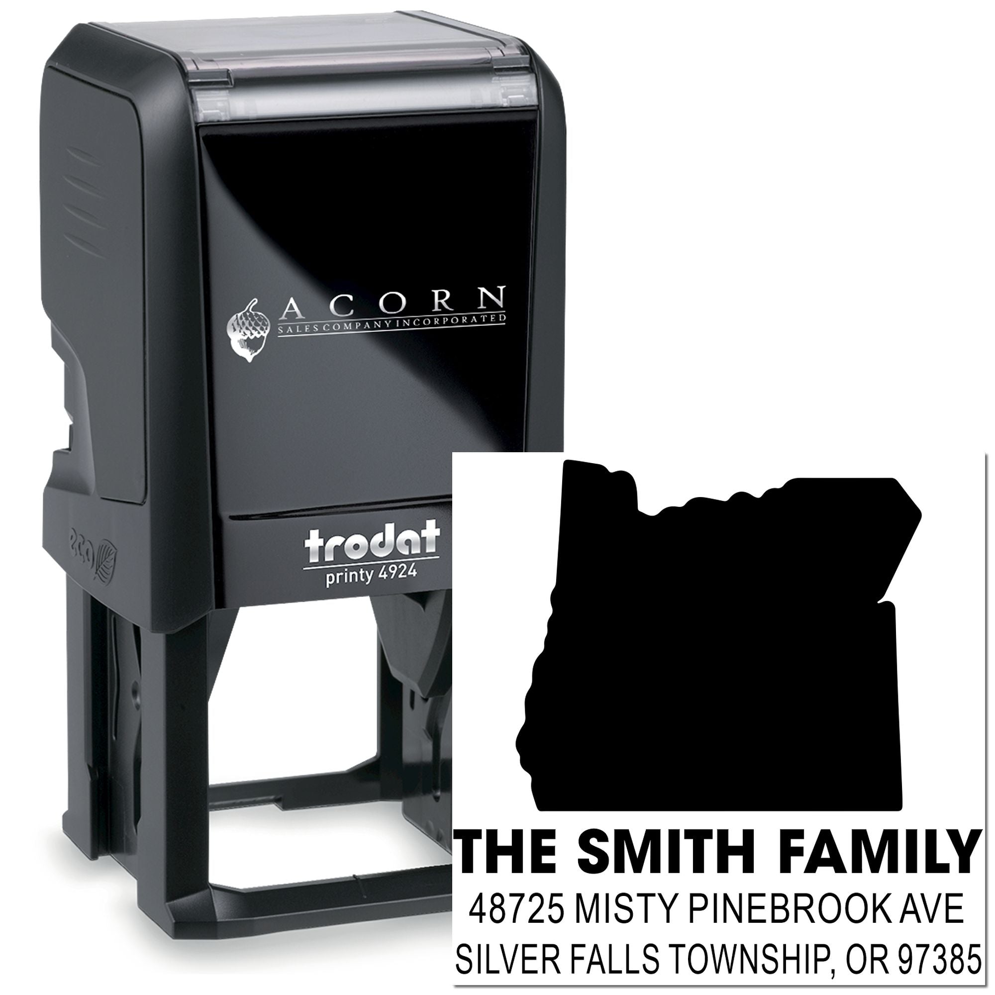 Custom self-inking family address stamp for The Smith Family, with Oregon silhouette and Silver Falls Township address.