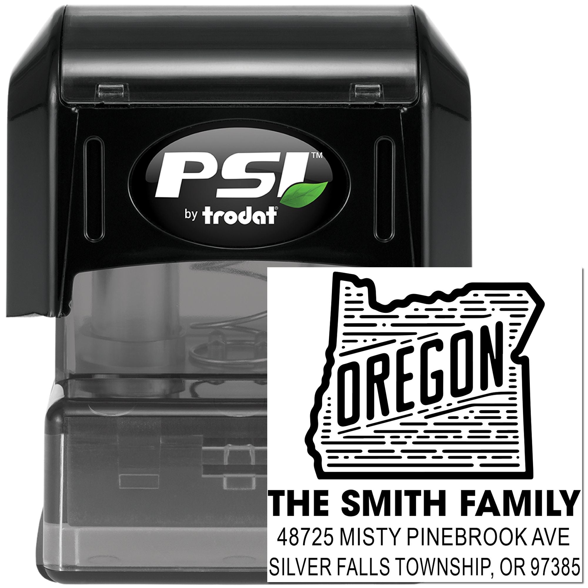 Custom return address self-inking rubber stamp for The Smith Family, Oregon address design by PSI Trodat.