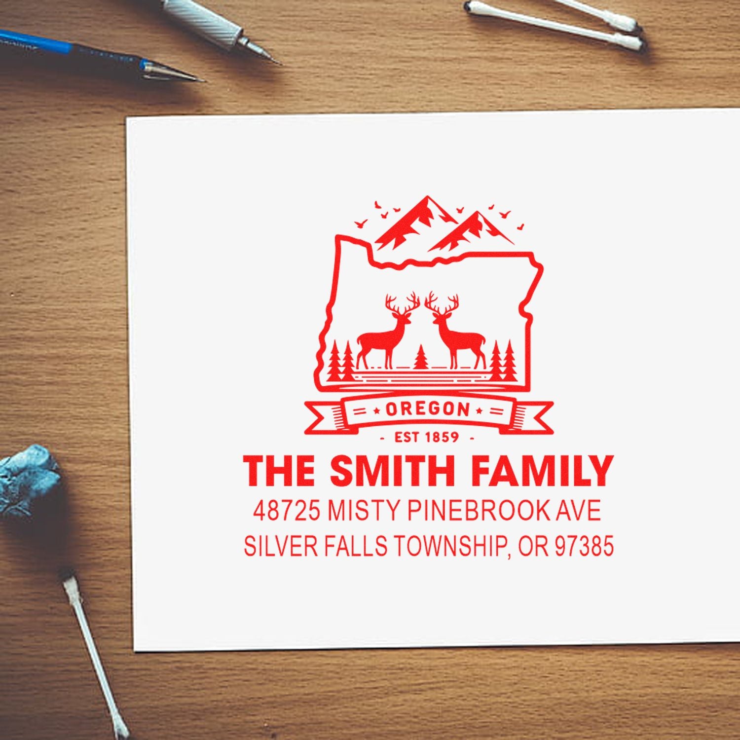Custom Oregon family address rubber stamp with deer and mountain design for The Smith Family, Silver Falls Township return address.