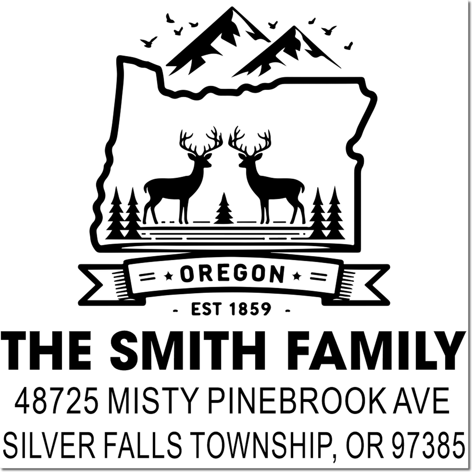 Custom Oregon family return address rubber stamp with deer, mountains and personalized Silver Falls, OR address.