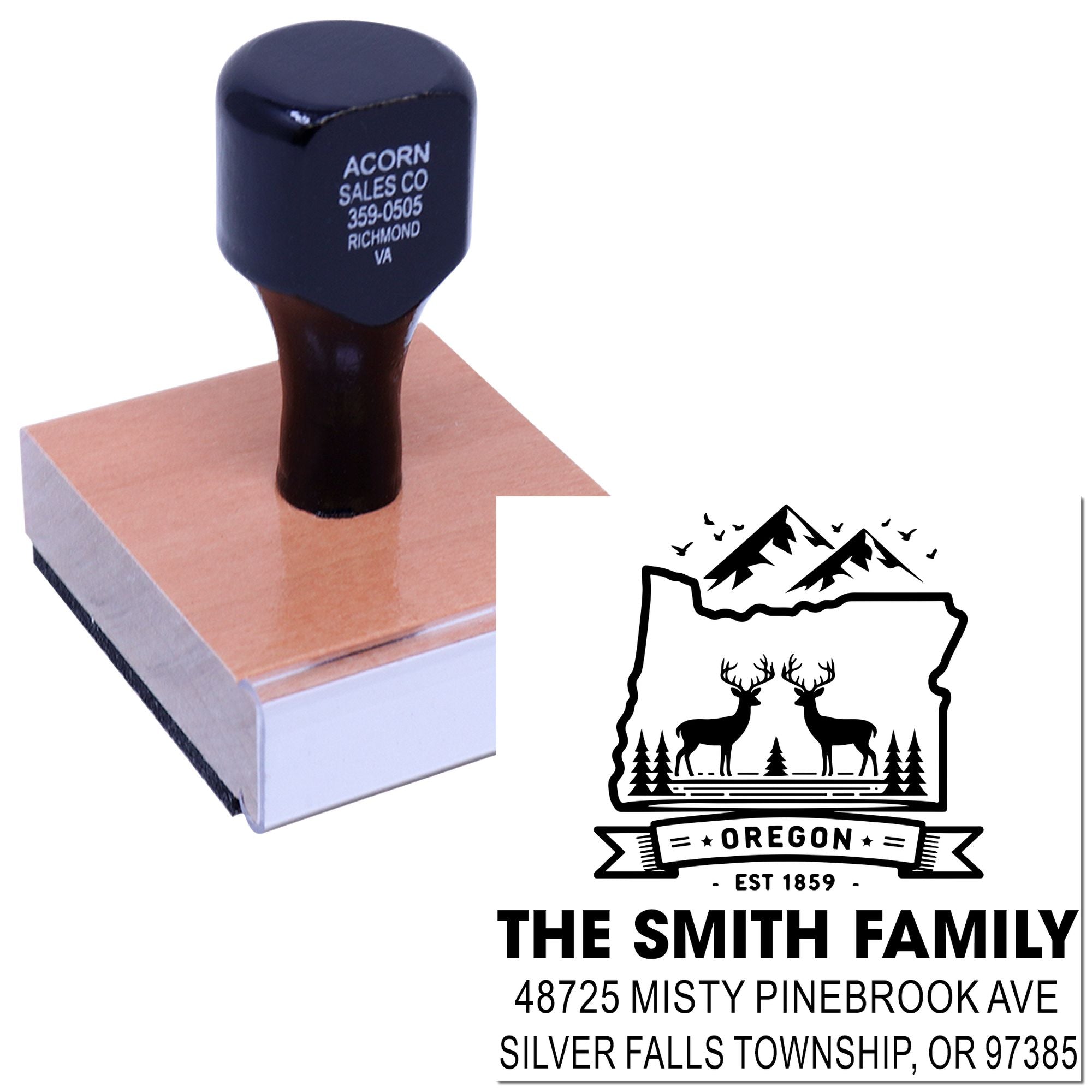 Custom self-inking return address rubber stamp with Oregon family design for personalized mailing and correspondence.