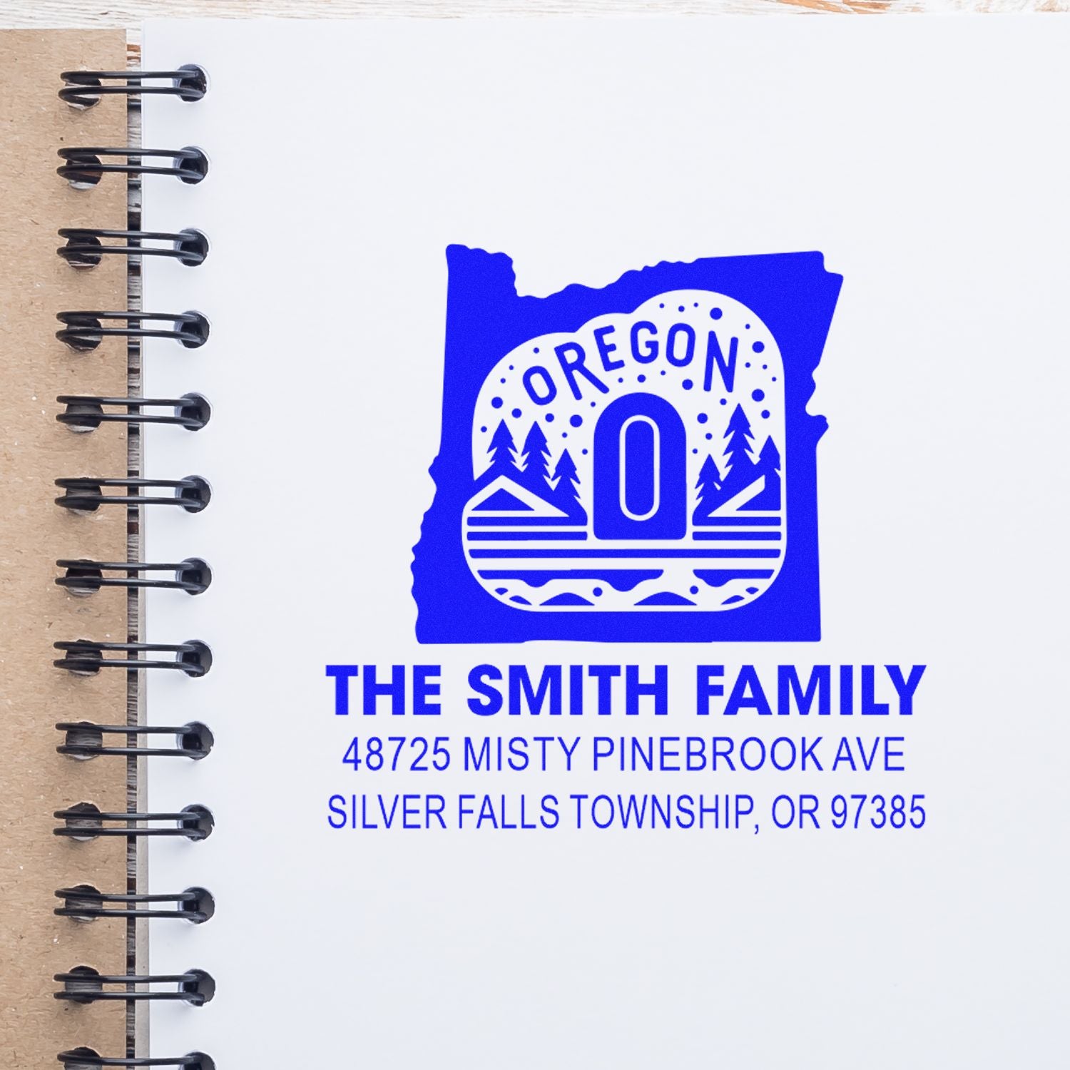 Custom Oregon return address rubber stamp for The Smith Family, Silver Falls Township, OR 97385, with state-themed design.