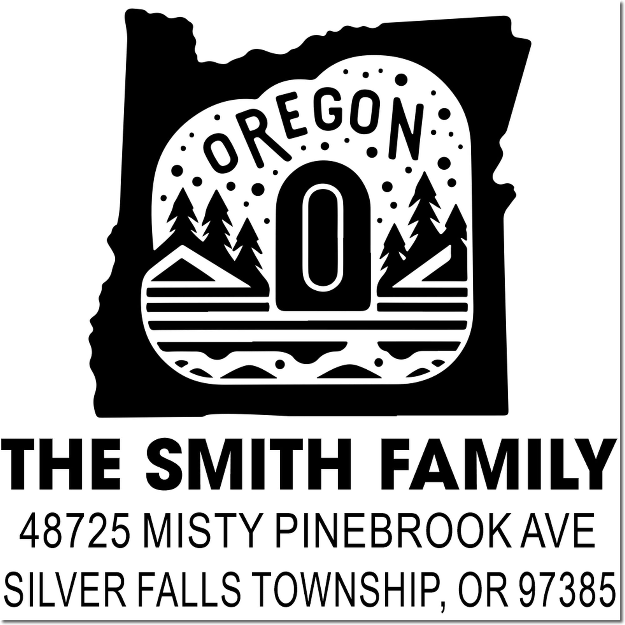 Custom Oregon address rubber stamp for The Smith Family, with house, trees and personalized mailing address.