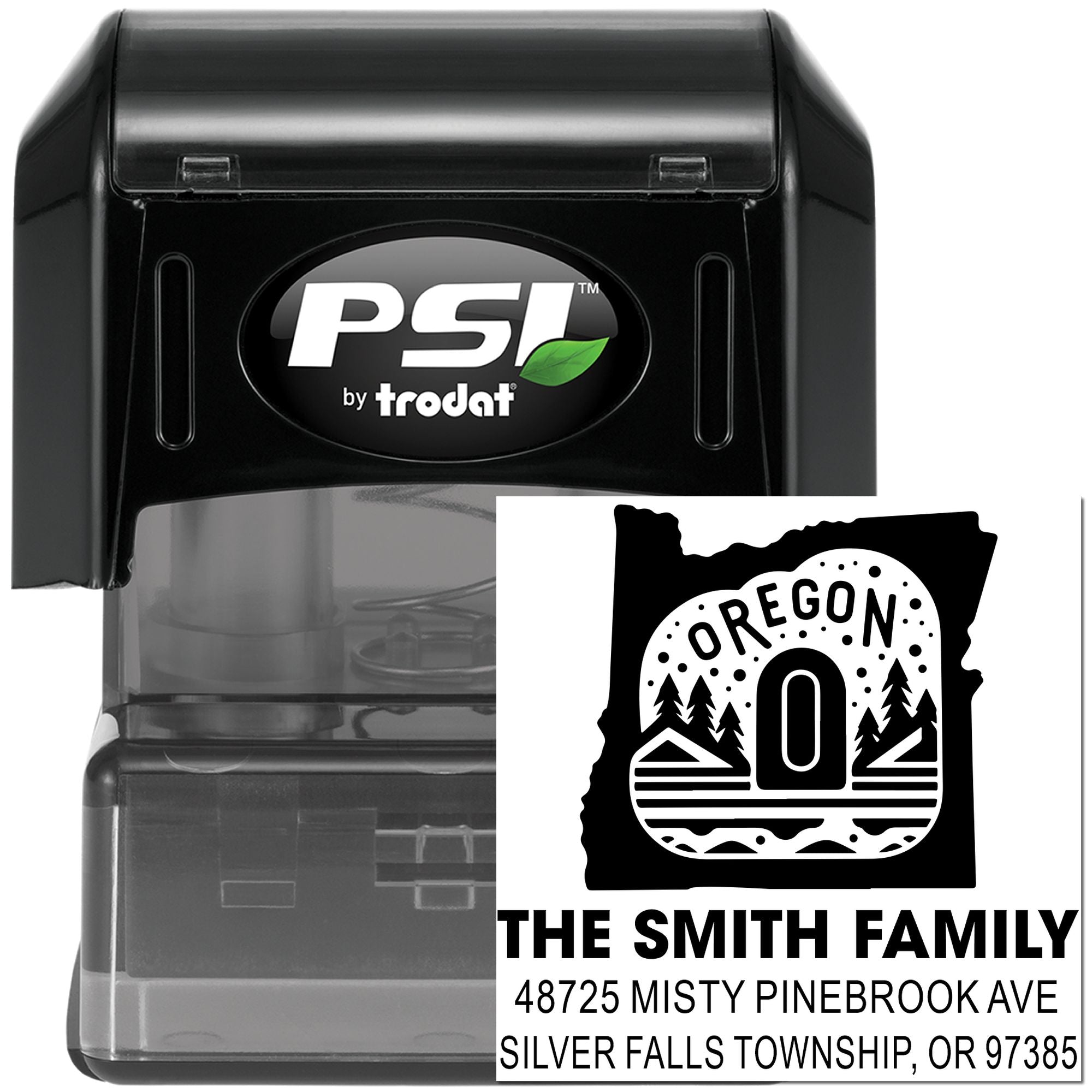 Custom Oregon return address self-inking rubber stamp for envelopes, featuring the Smith family name and scenic home design.