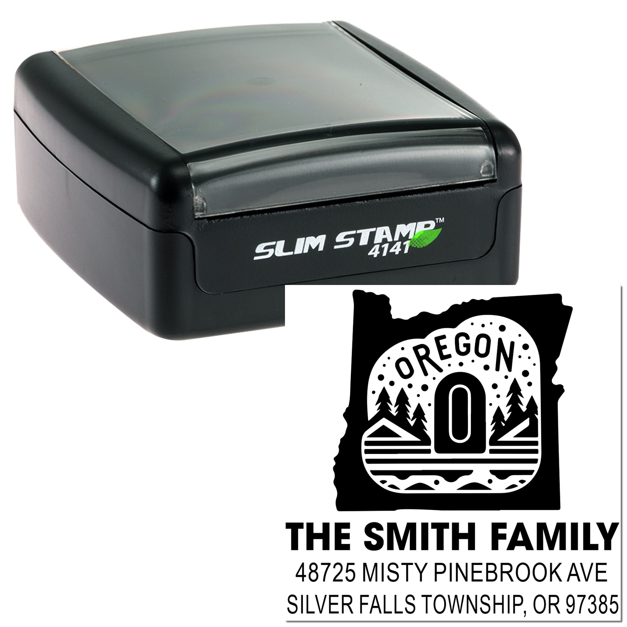 Custom Oregon return address rubber stamp with Smith family name and address for personalized mailing.