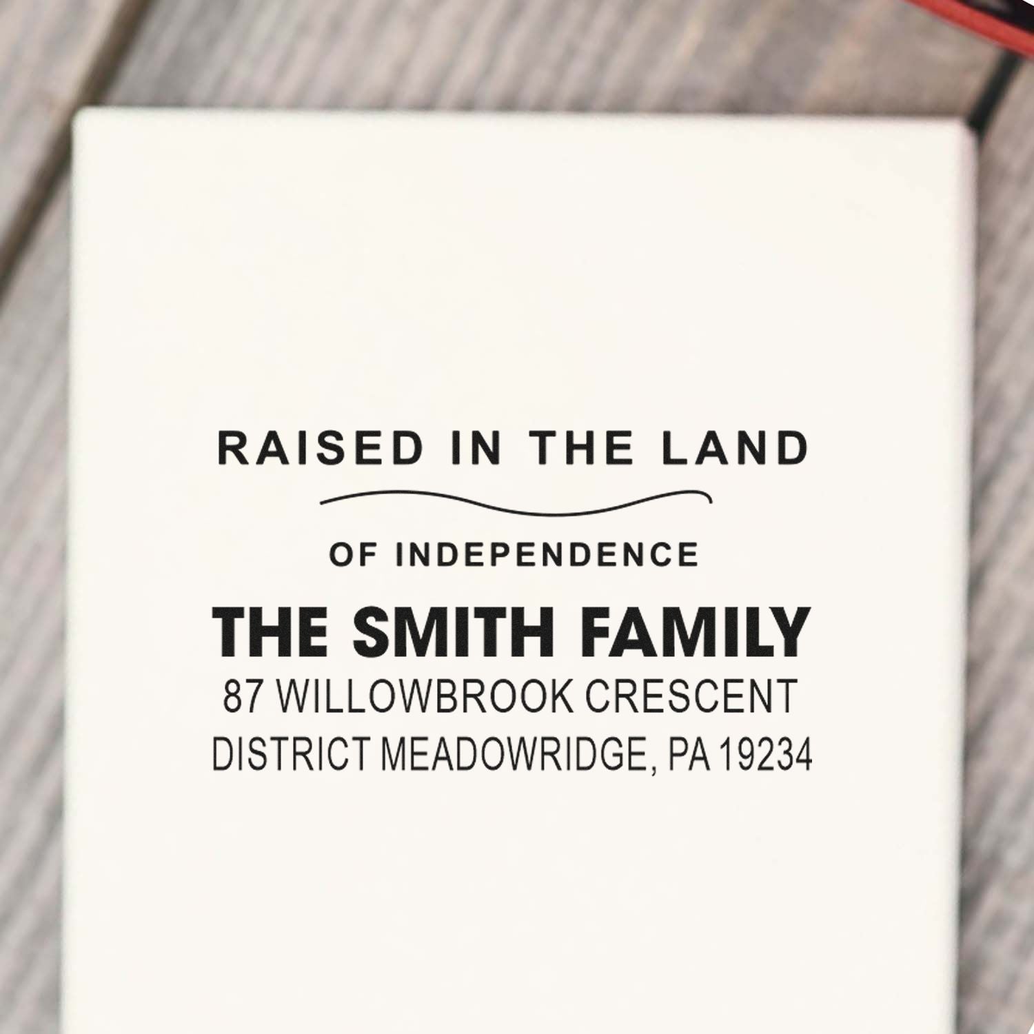 Custom family return address rubber stamp for The Smith Family, with personalized slogan and Meadowridge, PA address.