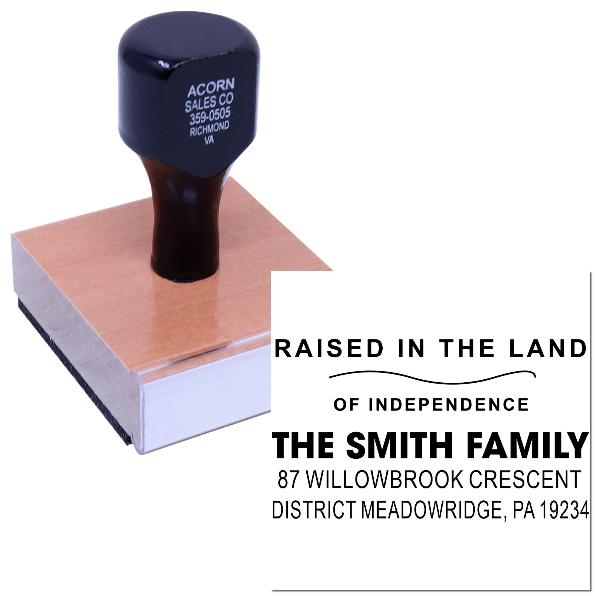 Custom rubber stamp with family name, address, and Raised in the Land of Independence design.