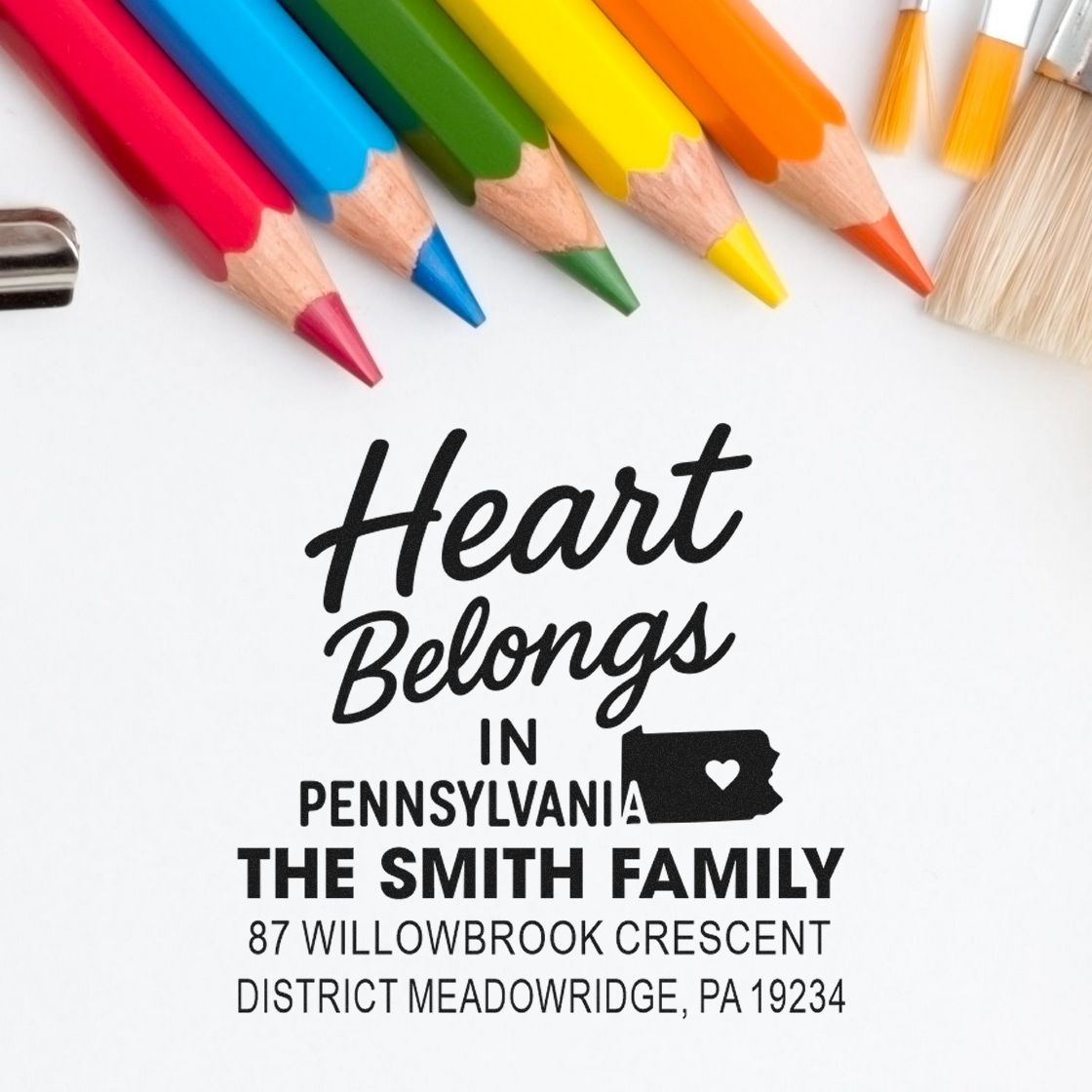 Personalized return address rubber stamp for The Smith Family, featuring Heart Belongs in Pennsylvania and PA state icon.
