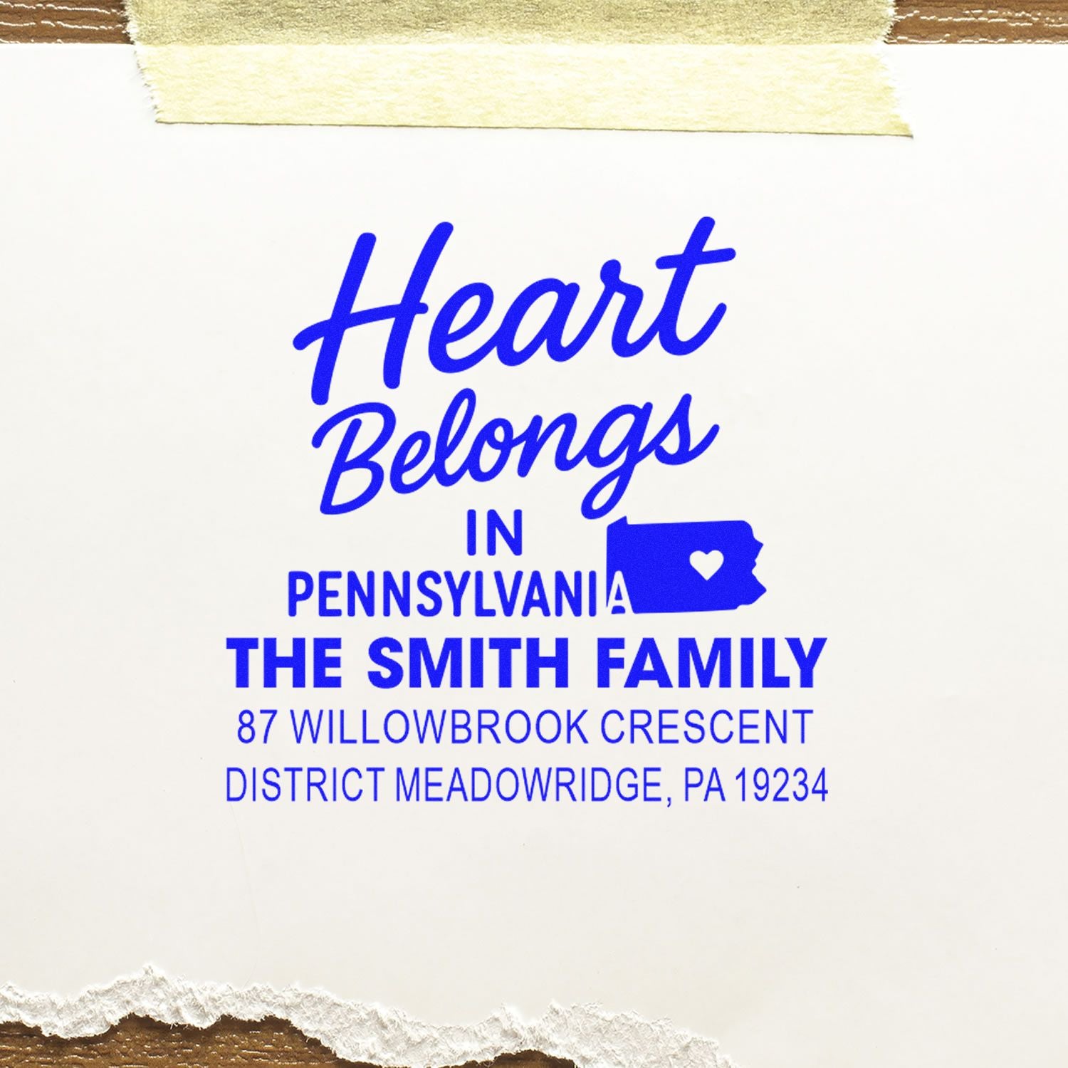 Custom return address rubber stamp: Heart Belongs in Pennsylvania for the Smith family, District Meadowridge, PA 19234