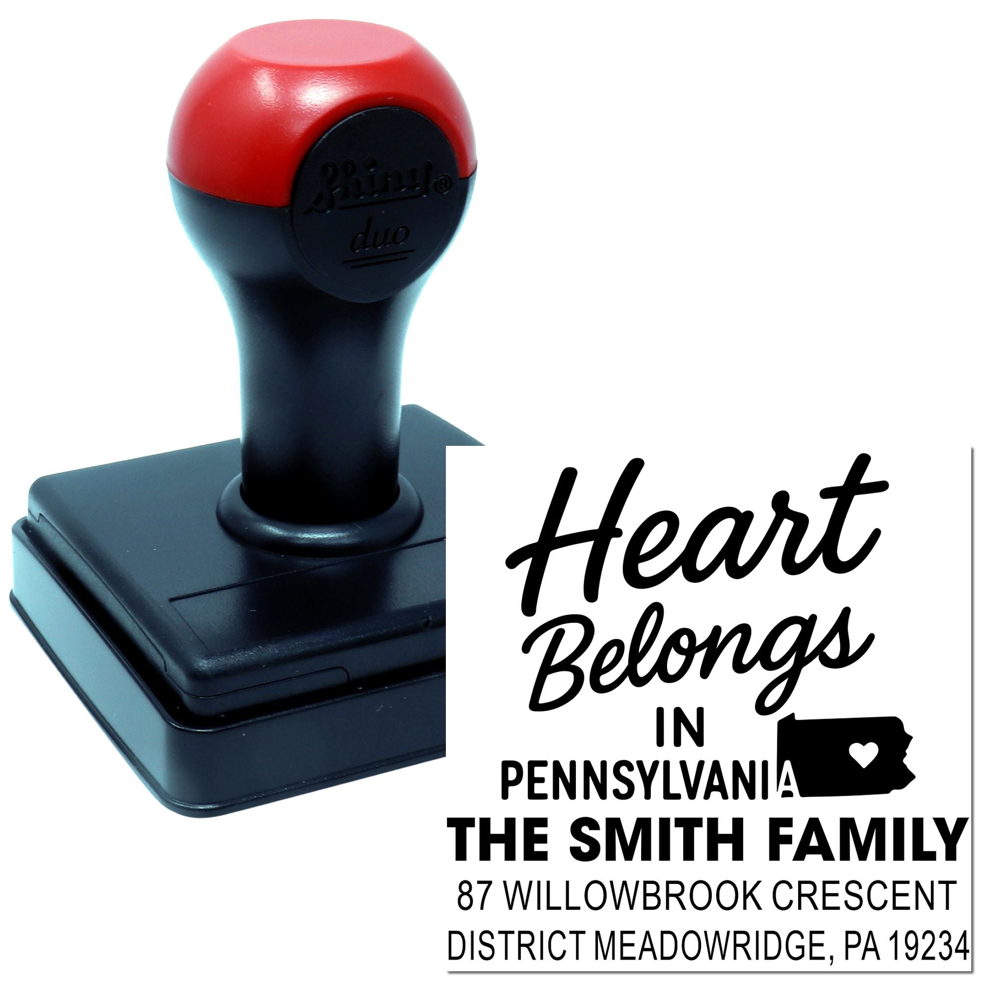 Custom self-inking rubber stamp with Heart Belongs in Pennsylvania return address design for The Smith Family.
