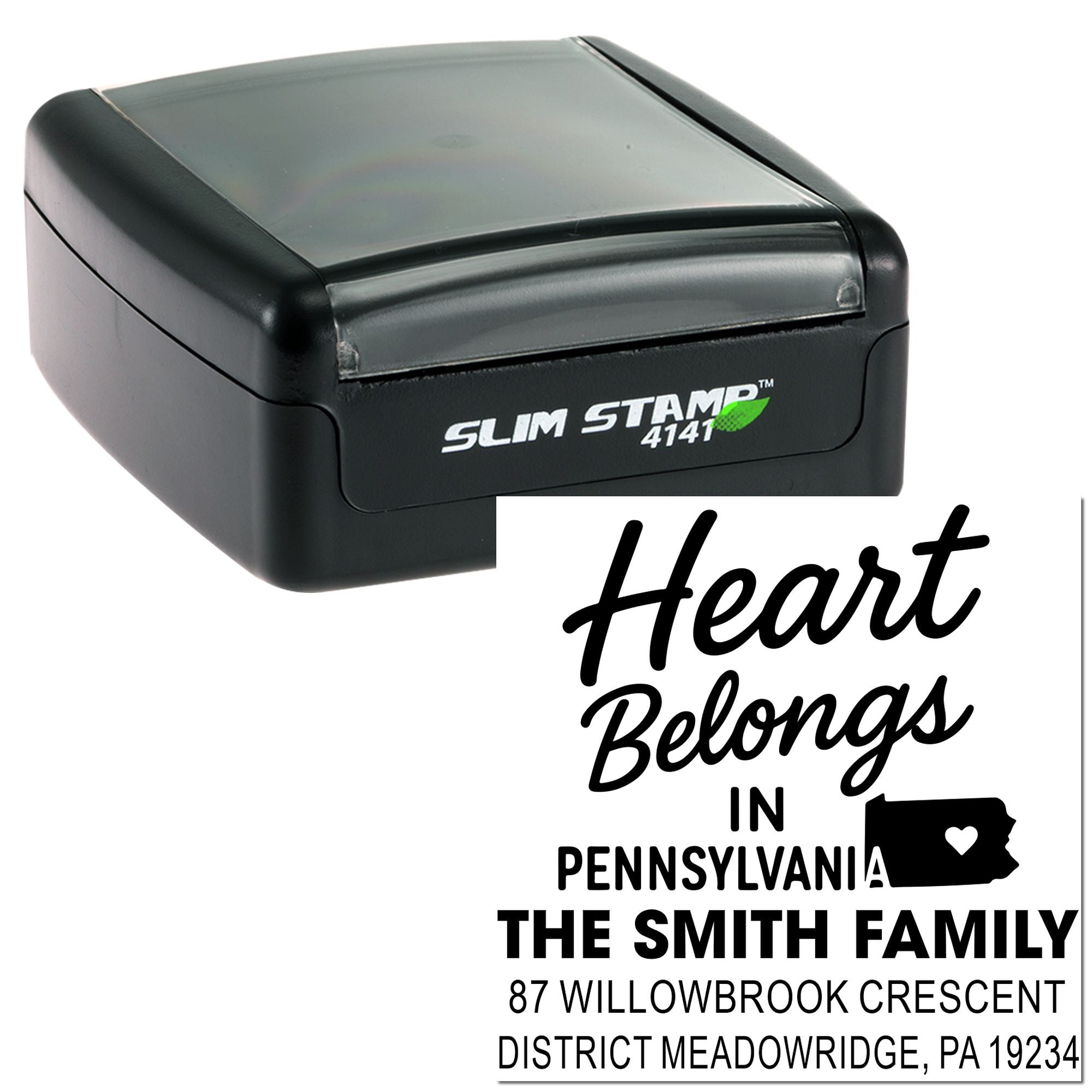 Custom Slim Stamp 4141 with Heart Belongs in Pennsylvania design for The Smith Family custom rubber address stamp.