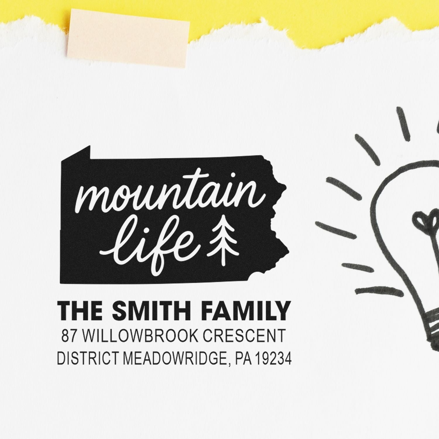 Custom rubber stamp design with Mountain Life on Pennsylvania silhouette, featuring The Smith Family return address.