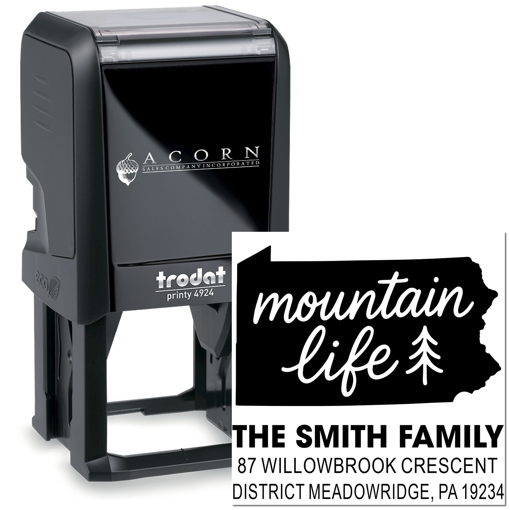 Custom Trodat self-inking rubber stamp with mountain life design and family address for personalized address stamping.