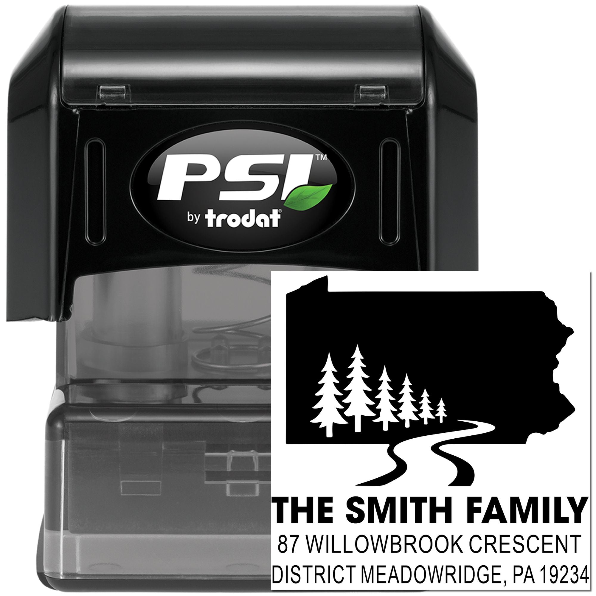 PSI by Trodat self-inking custom address rubber stamp with Pennsylvania family design and return address imprint.