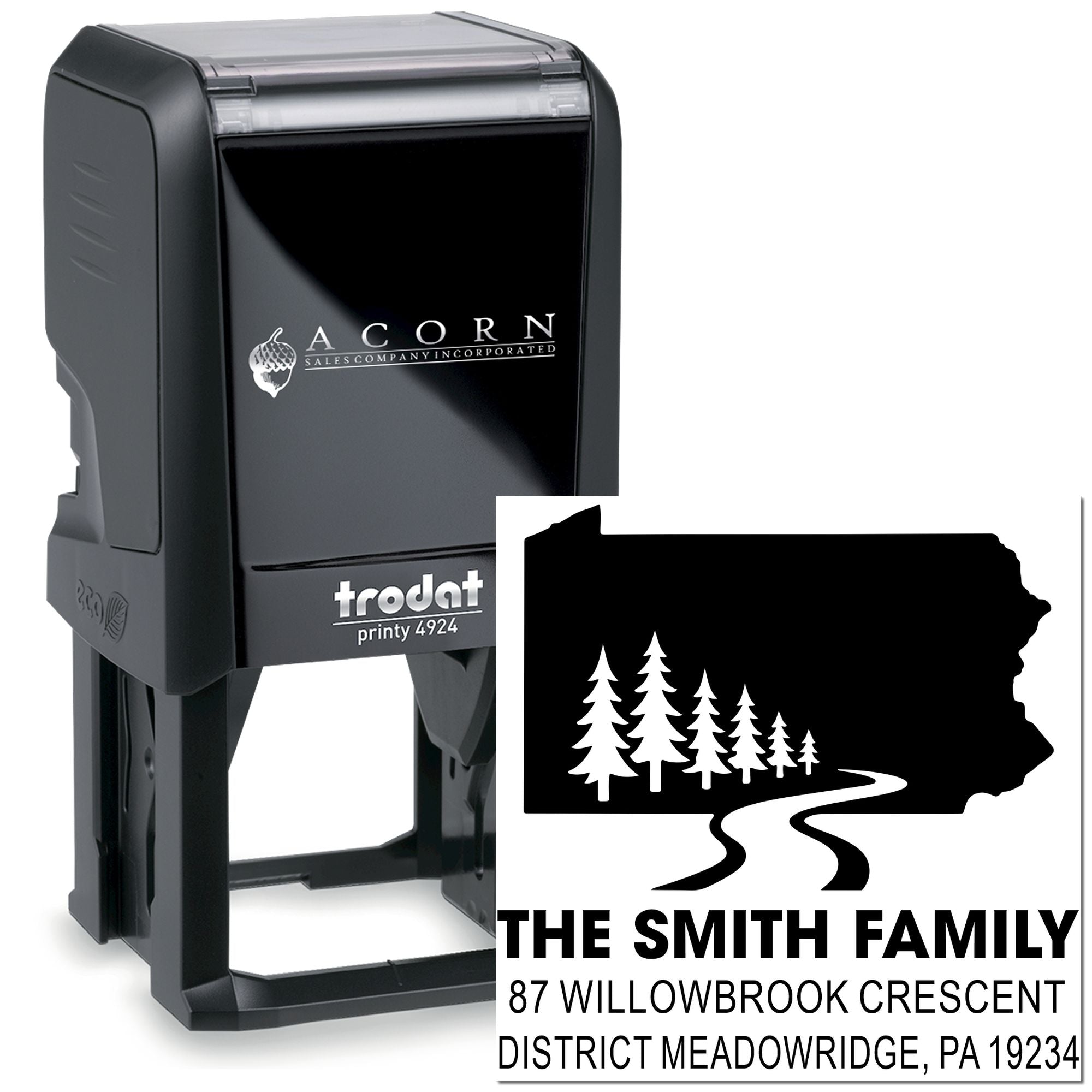 Custom self-inking rubber address stamp with family name and return address, ideal for envelopes, mail, and holiday cards.