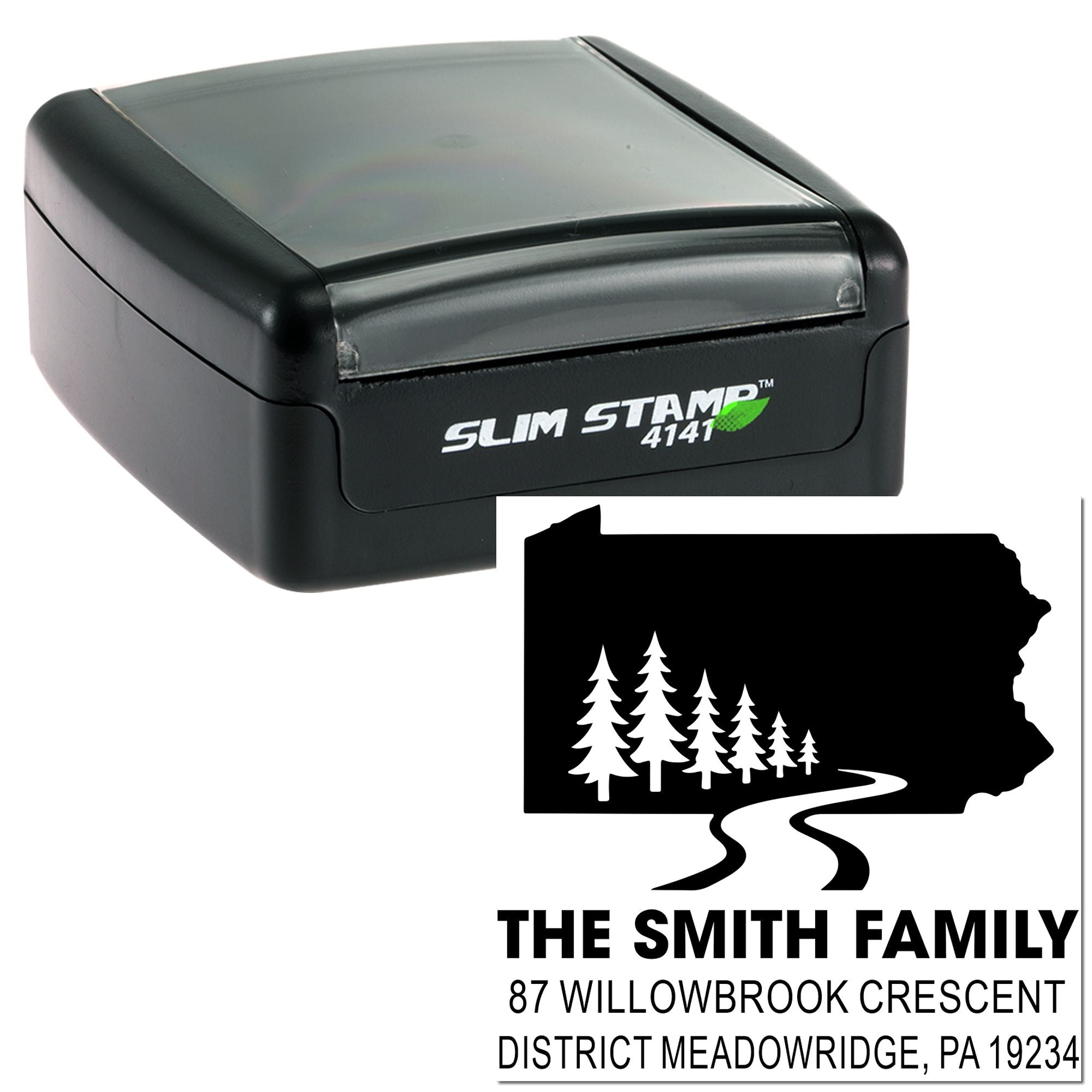 Personalized self-inking rubber address stamp with Pennsylvania silhouette and family name for mailing envelopes.