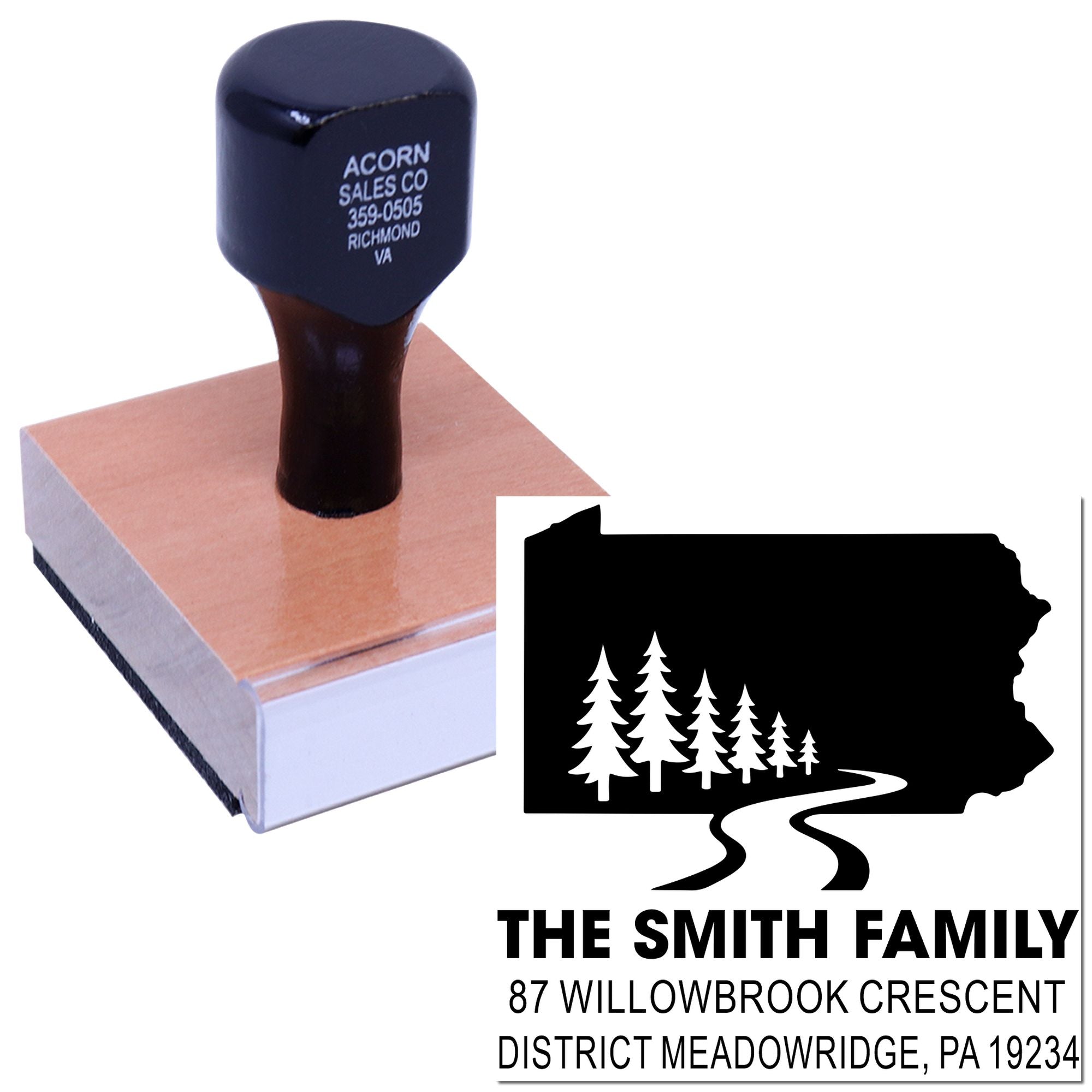 Custom address rubber stamp with family name, address and state silhouette design for personalized mailing.