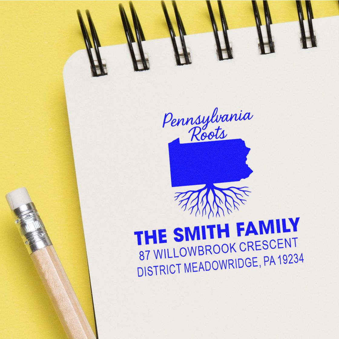 Custom rubber stamp impression of a Pennsylvania Roots family address stamp on a notebook, with pencil beside it.