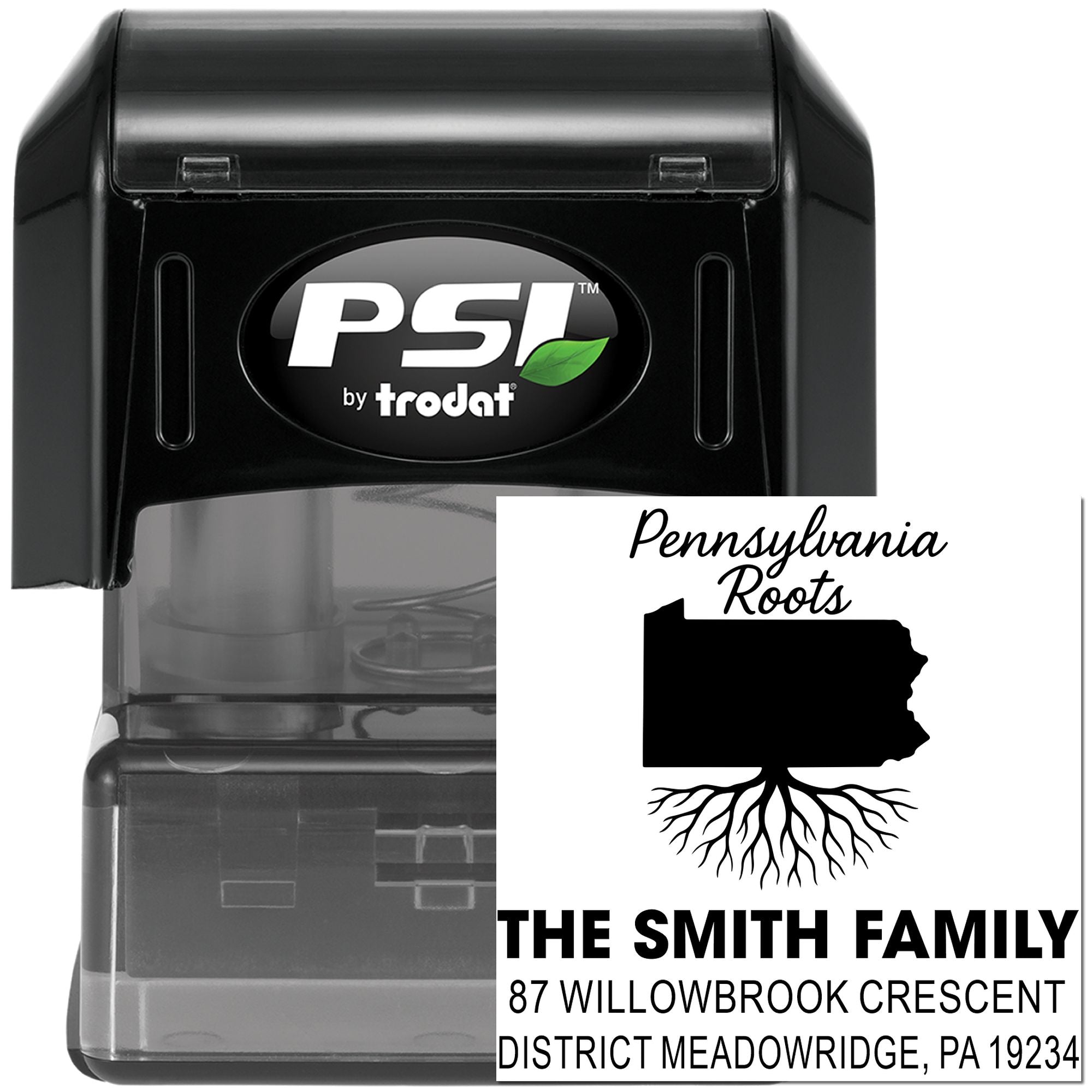 Pennsylvania Roots custom address rubber stamp by PSI Trodat with family name, state silhouette, and return address.