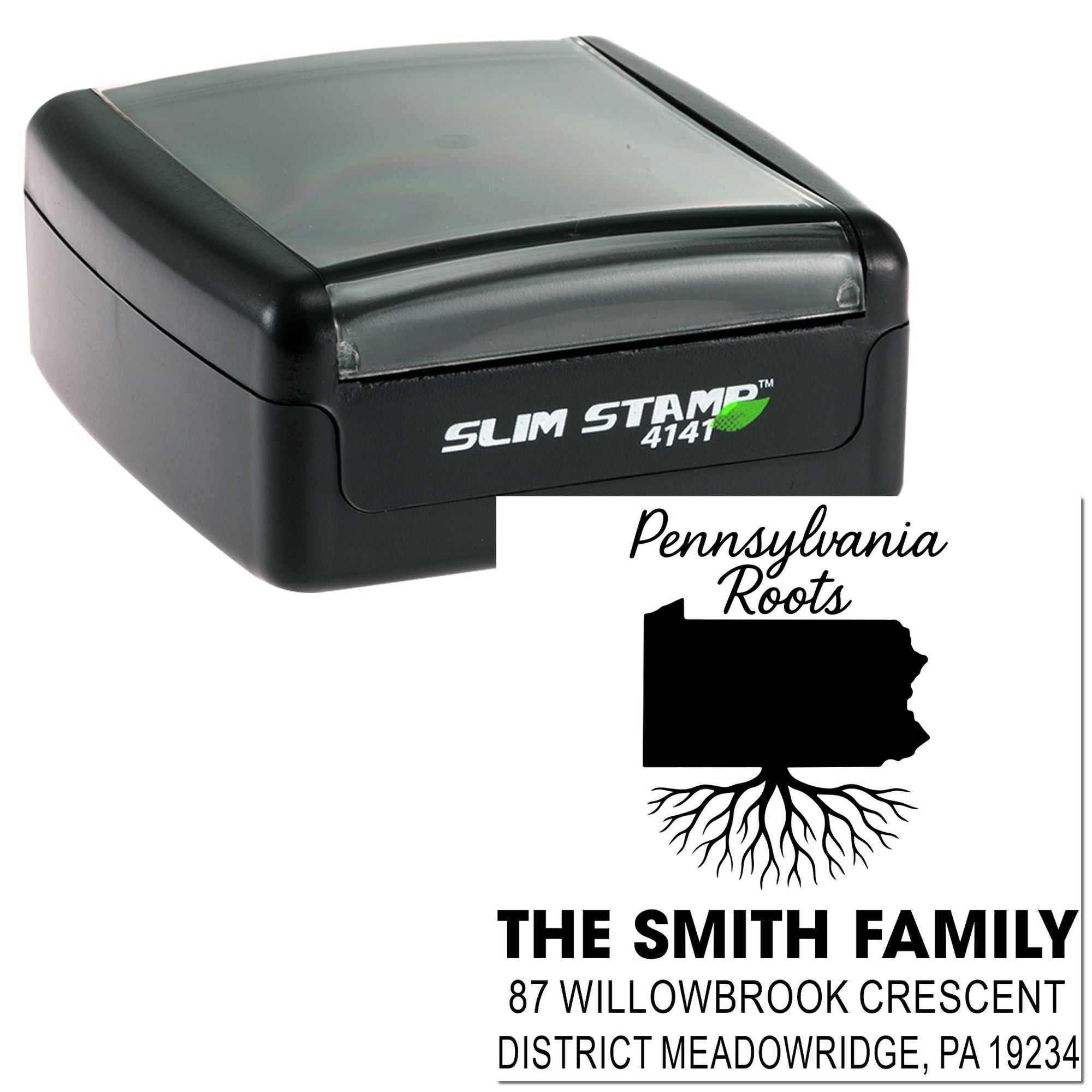 Custom Pennsylvania Roots return address rubber stamp with family name and address, shown in a Slim Stamp 4141 self-inking case.