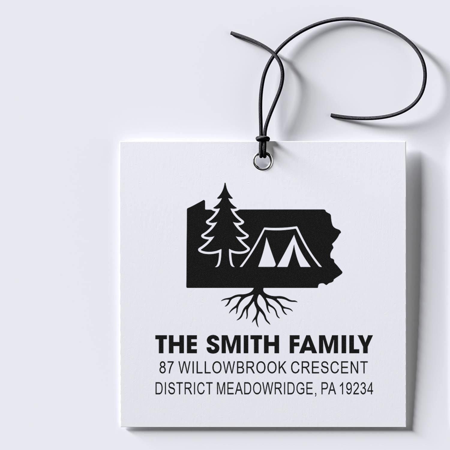 Custom address rubber stamp featuring The Smith Family, Pennsylvania camping design, and personalized return address.